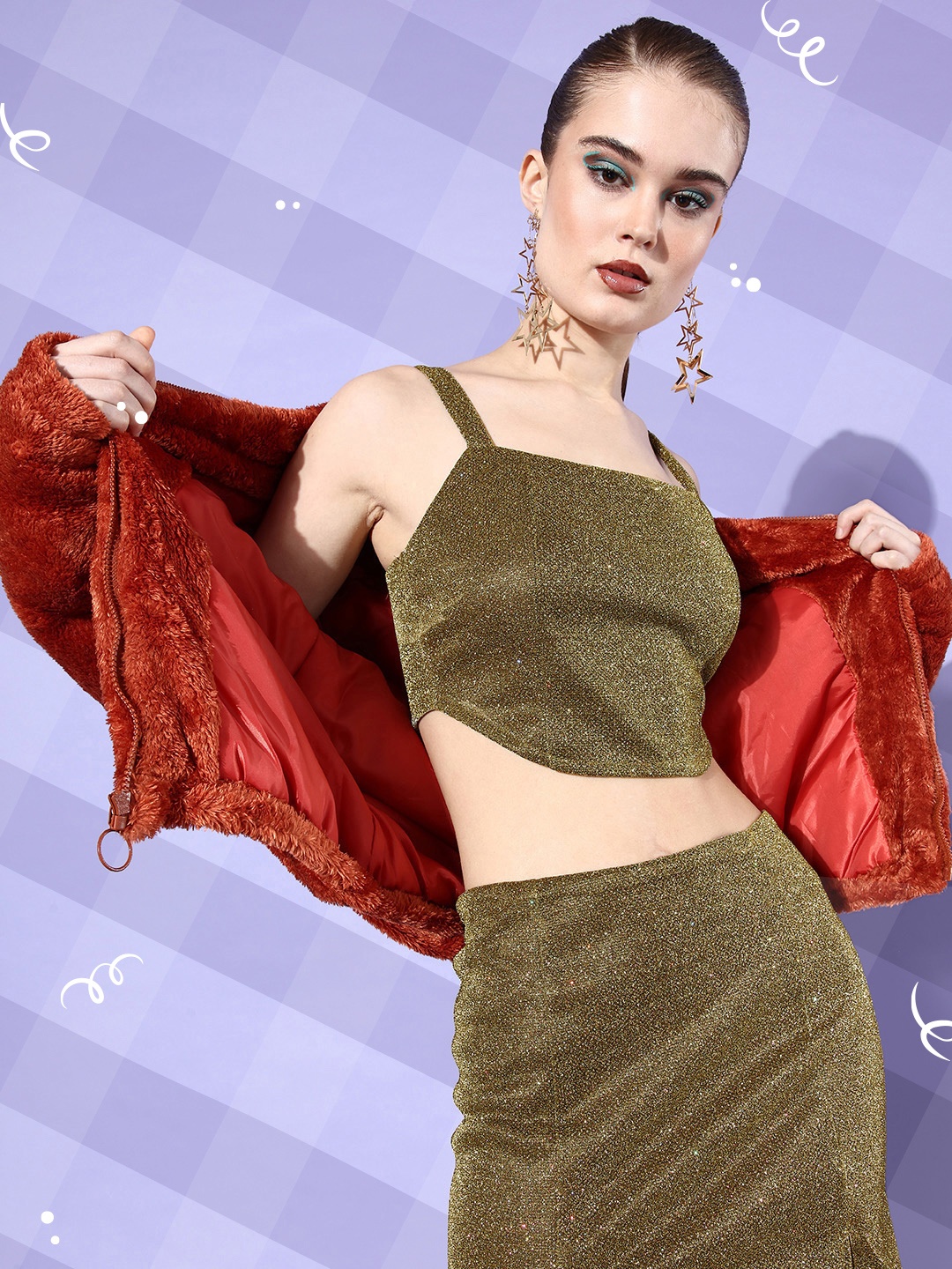 

Dressberry Warm Gold-Toned Embellished Smocked Draped in Daze Crop Top