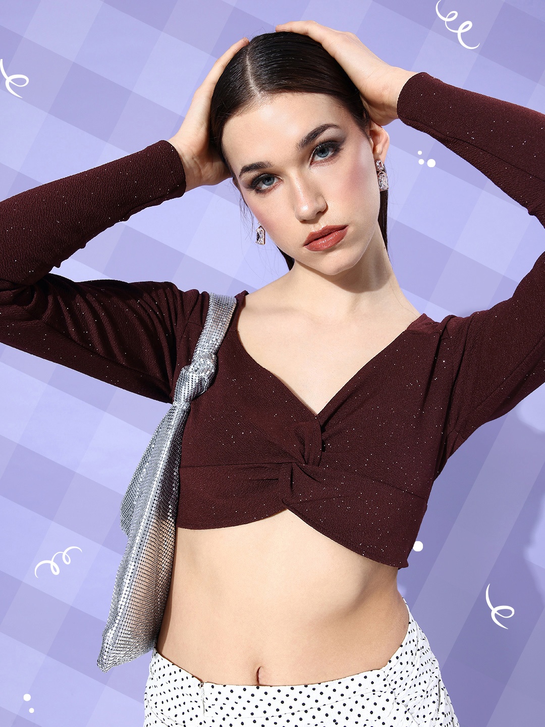 

DressBerry Self Design Shimmer Twisted Detailed Fitted Crop Top, Maroon