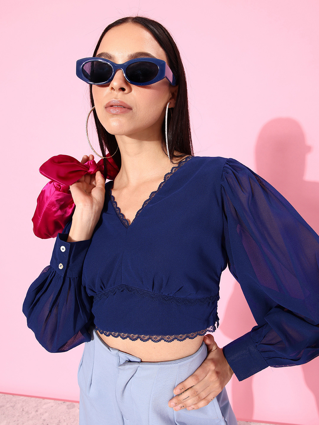 

DressBerry Dark Blue Bishop Sleeves Romance Ramble-Soulful Blooms Crop Top