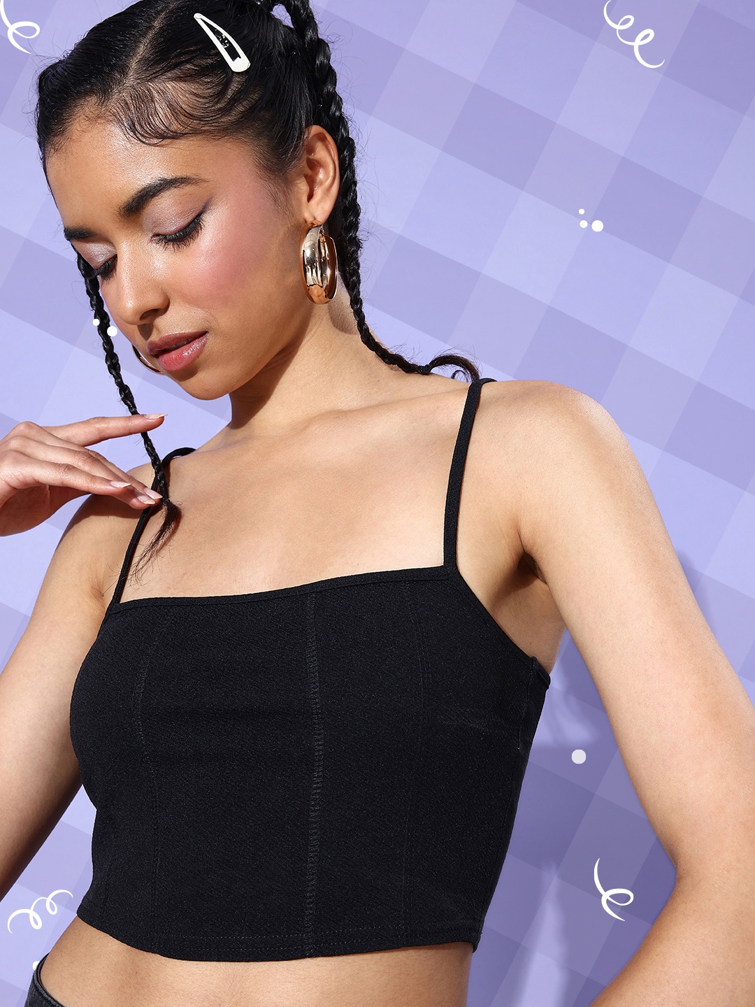 

Dressberry Solid Shoulder Straps Crop Top, Black
