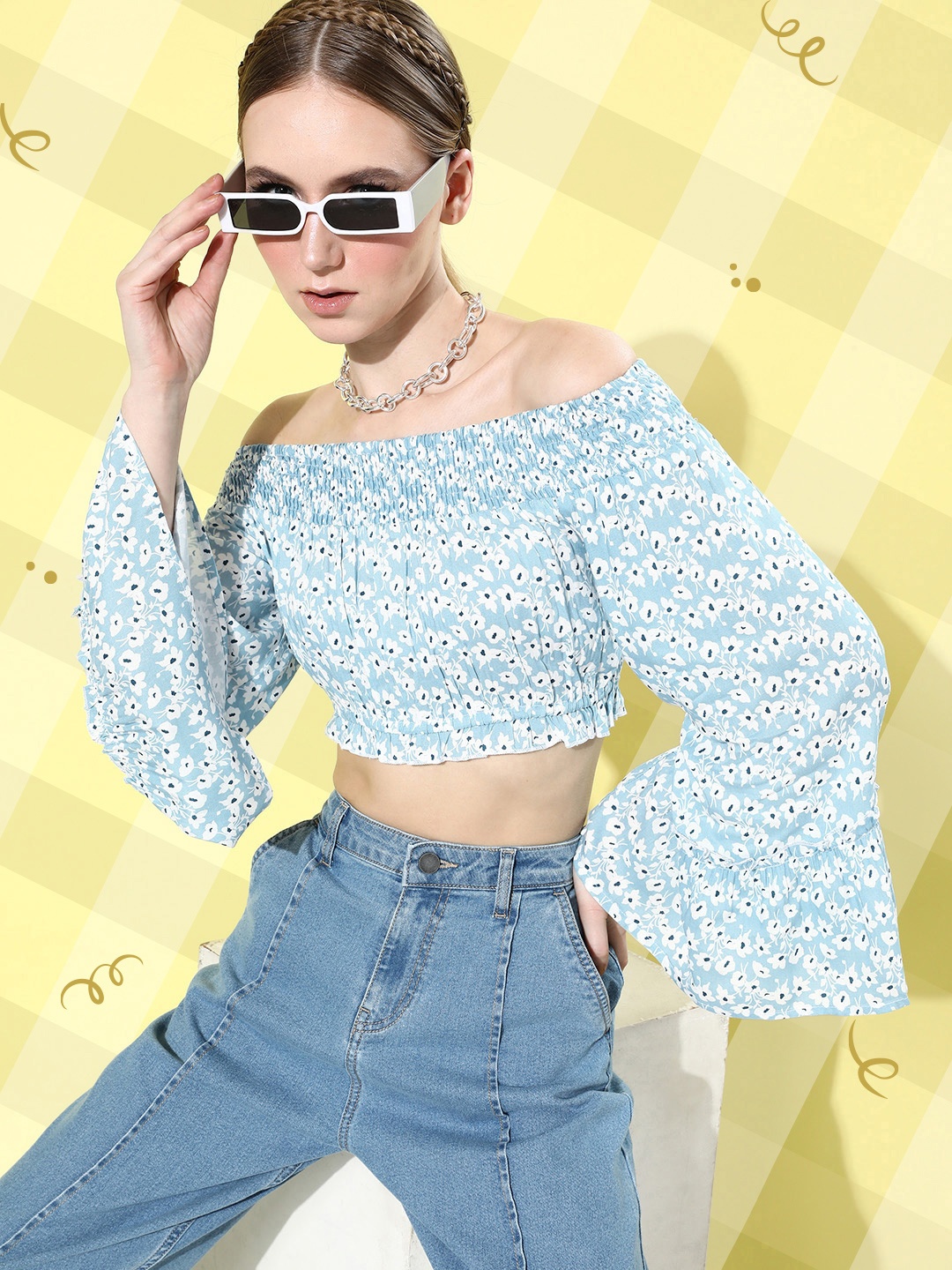 

Dressberry Light Blue Floral Off-Shoulder Smocked Party Shoulder Play Crop Top