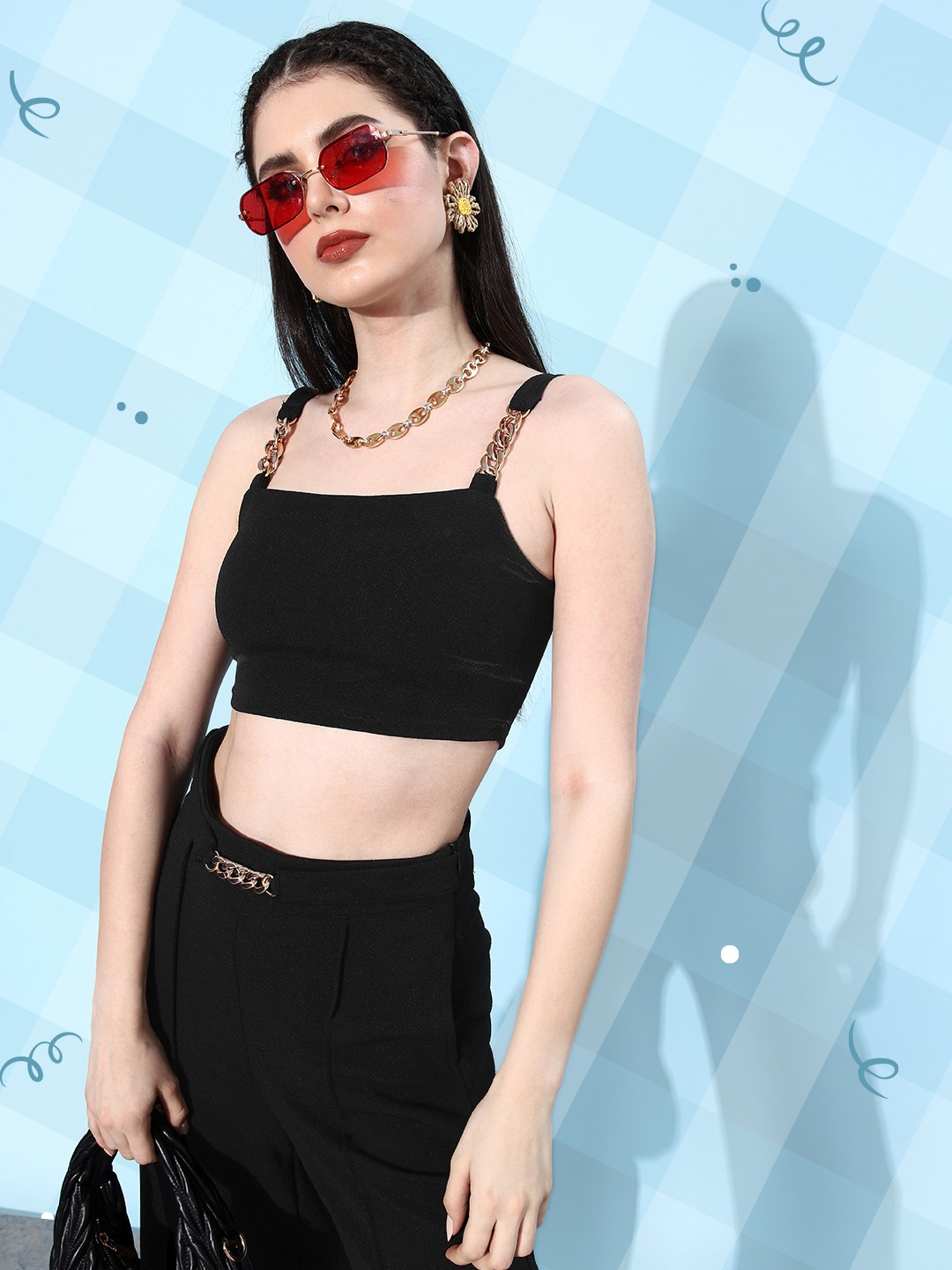 

DressBerry Women Crop Top With Trousers Co-Ords Set, Black