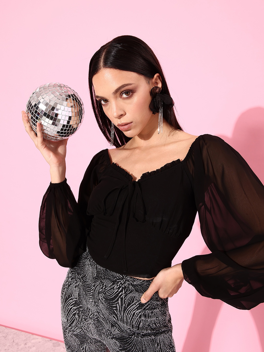 

DressBerry Jet Black Sweetheart Neck Puff Sleeves We (May) Party-Sheer Crop Top