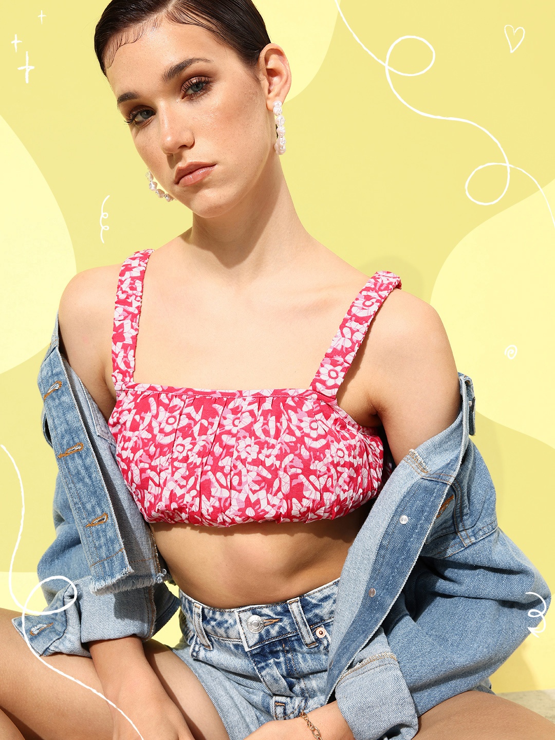 

Dressberry Floral Print Pure Cotton Smocked Bralette Crop Top, Pink