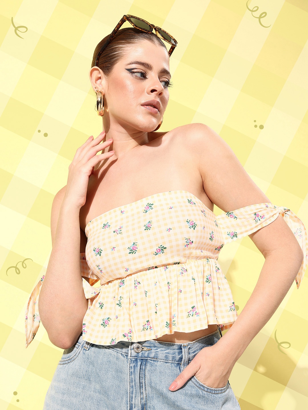 

Dressberry Checked Off-Shoulder Peplum Crop Top With Tie-up Sleeves, Yellow
