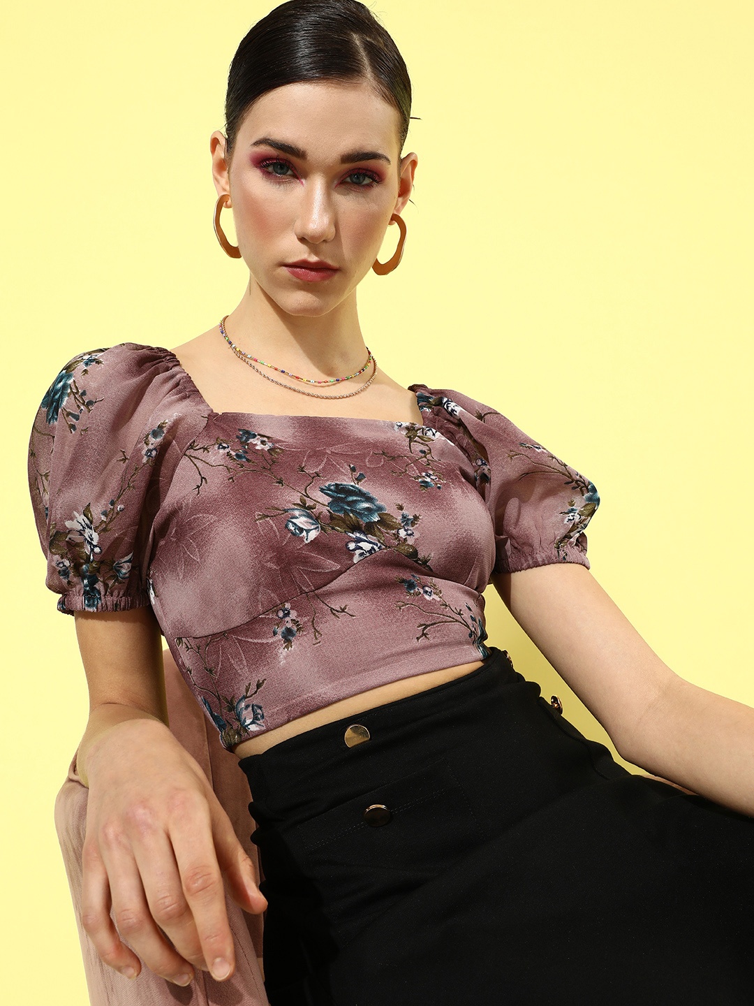 

Dressberry Plum Mauve Floral Print Puff Sleeve Vacay Chill Holiday Hype Crop Top
