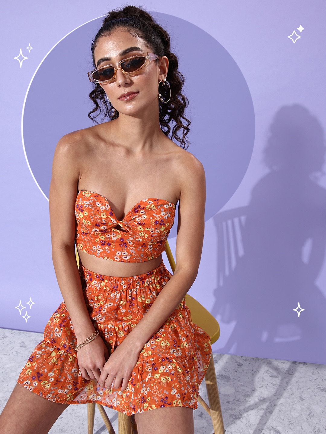 

DressBerry Dusty Orange Floral Printed We May Party-Co-ords Set