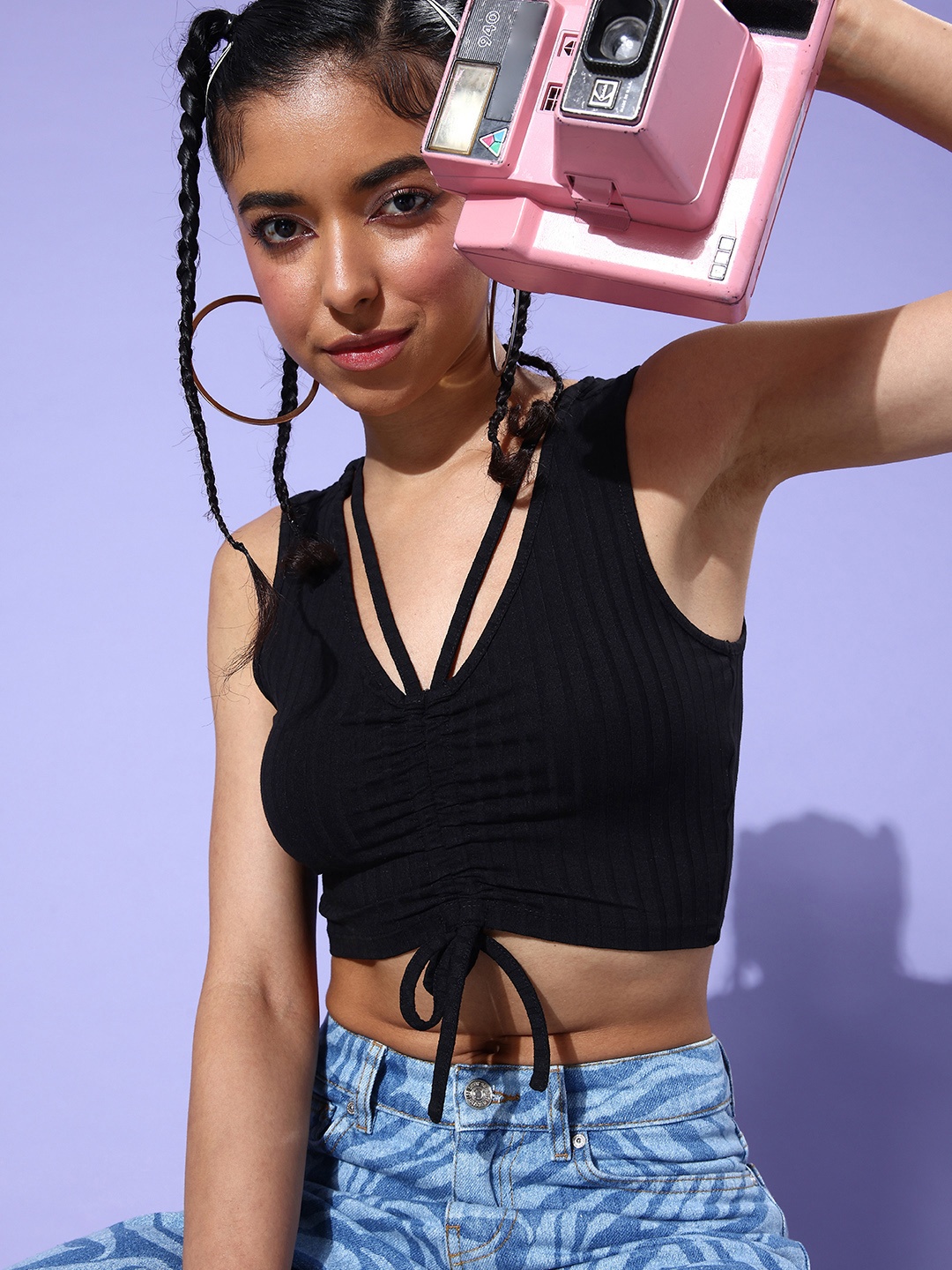 

Dressberry Striped Crop Top With With Gathers Detail, Black