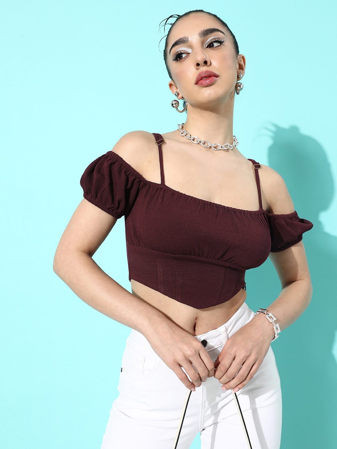 

Dressberry Deep Maroon Self Design Party Draped in Daze Off Shoulder Crop Top
