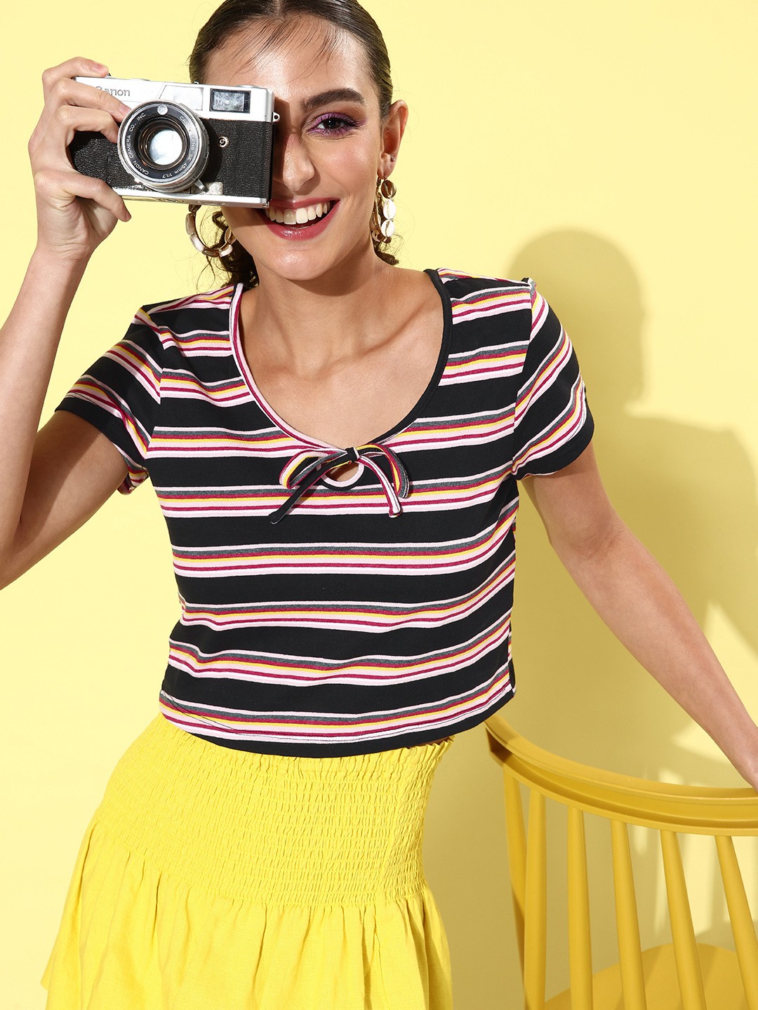 

Dressberry Striped Tie-Up Neck Top, Black