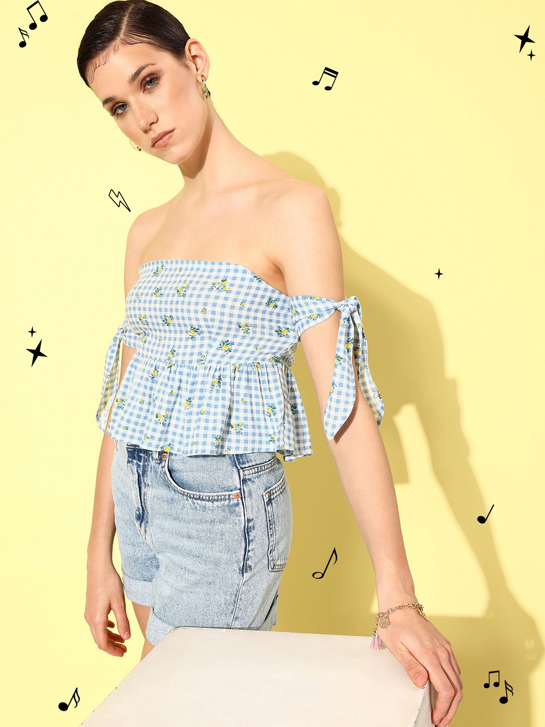 

Dressberry Checked Off-Shoulder Peplum Crop Top With Tie-up Sleeves, Blue
