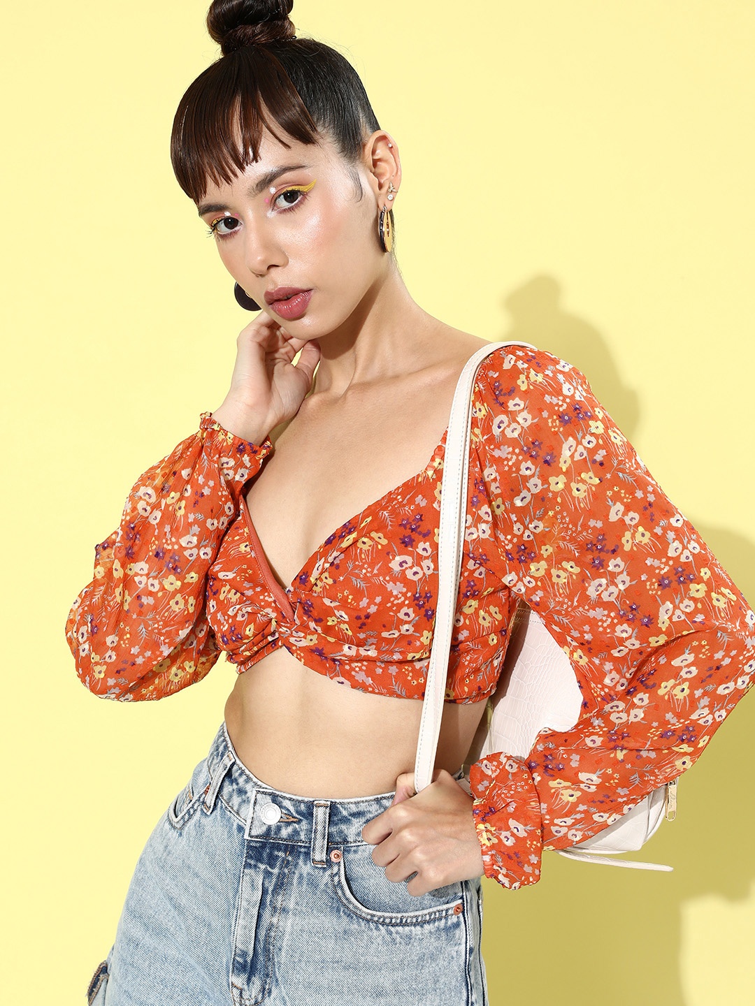 

Dressberry Rust Brown Floral Smocked Femme Bustier Towards Romanticism Crop Top