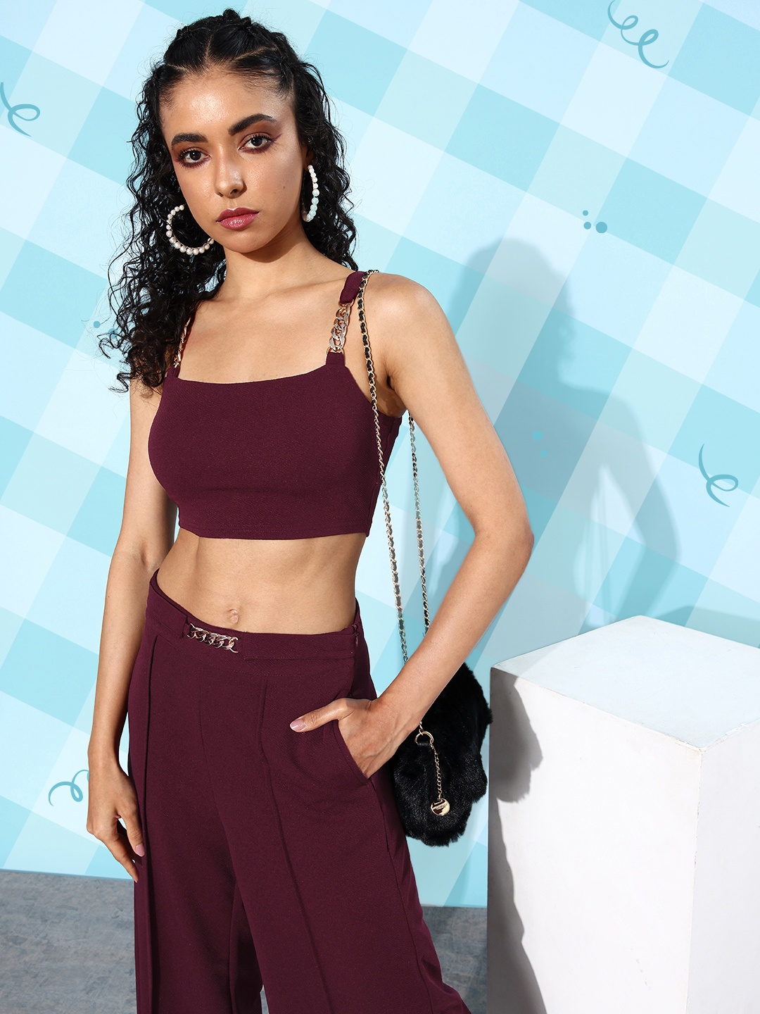 

DressBerry Women Crop Top With Trousers Co-Ords Set, Maroon