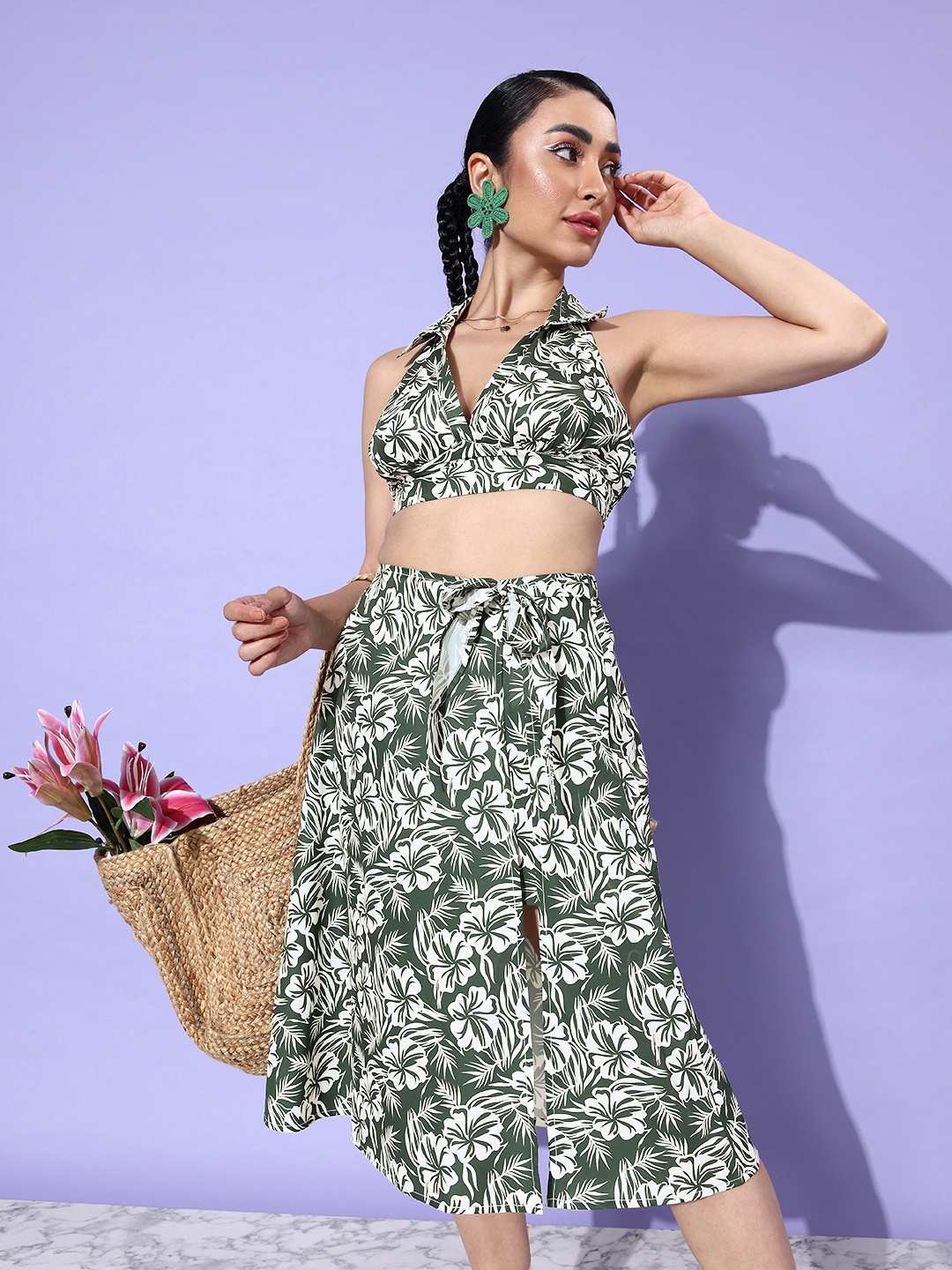 

DressBerry Women Olive Green Halter Neck Floral Crop Top With Sarong Wraps Skorts