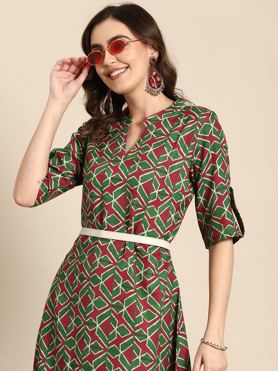 

Sangria Geometric Printed High Low Hem A-Line Dress, Green