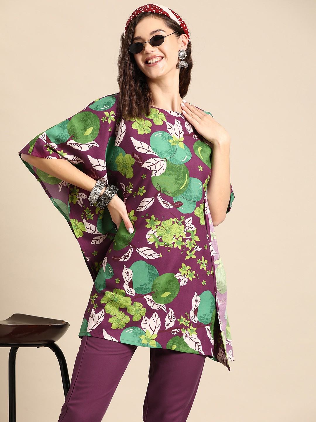 

Sangria Women Quirky Printed Kaftan Kurta with Trousers, Purple