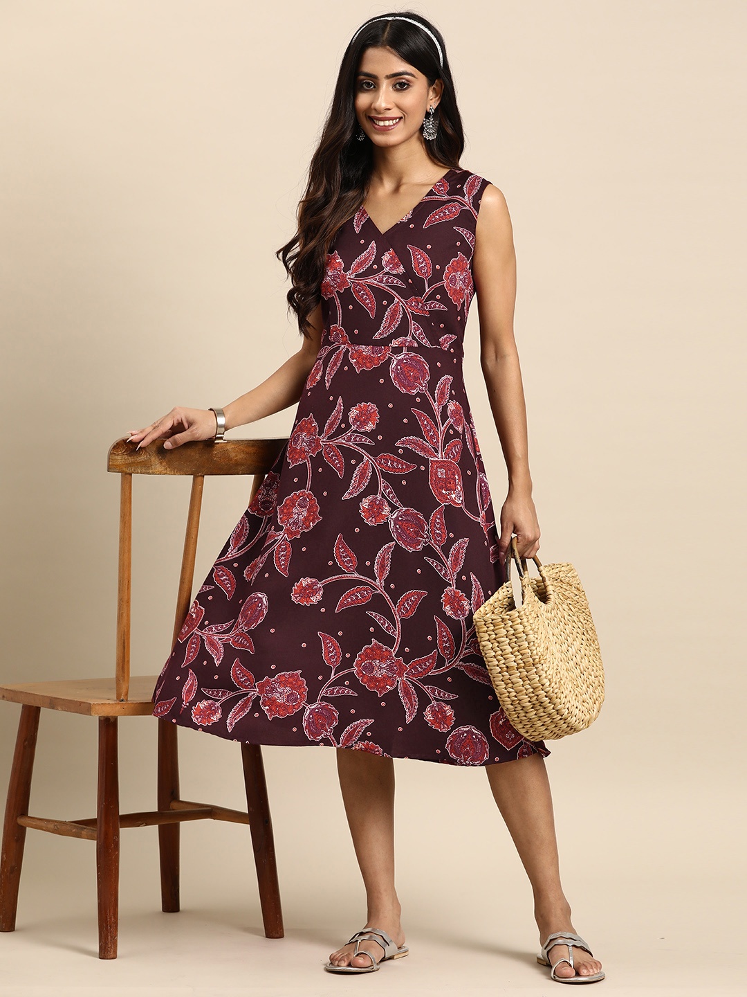 

Sangria Ethnic Motifs Printed Wrap Midi Dress, Burgundy
