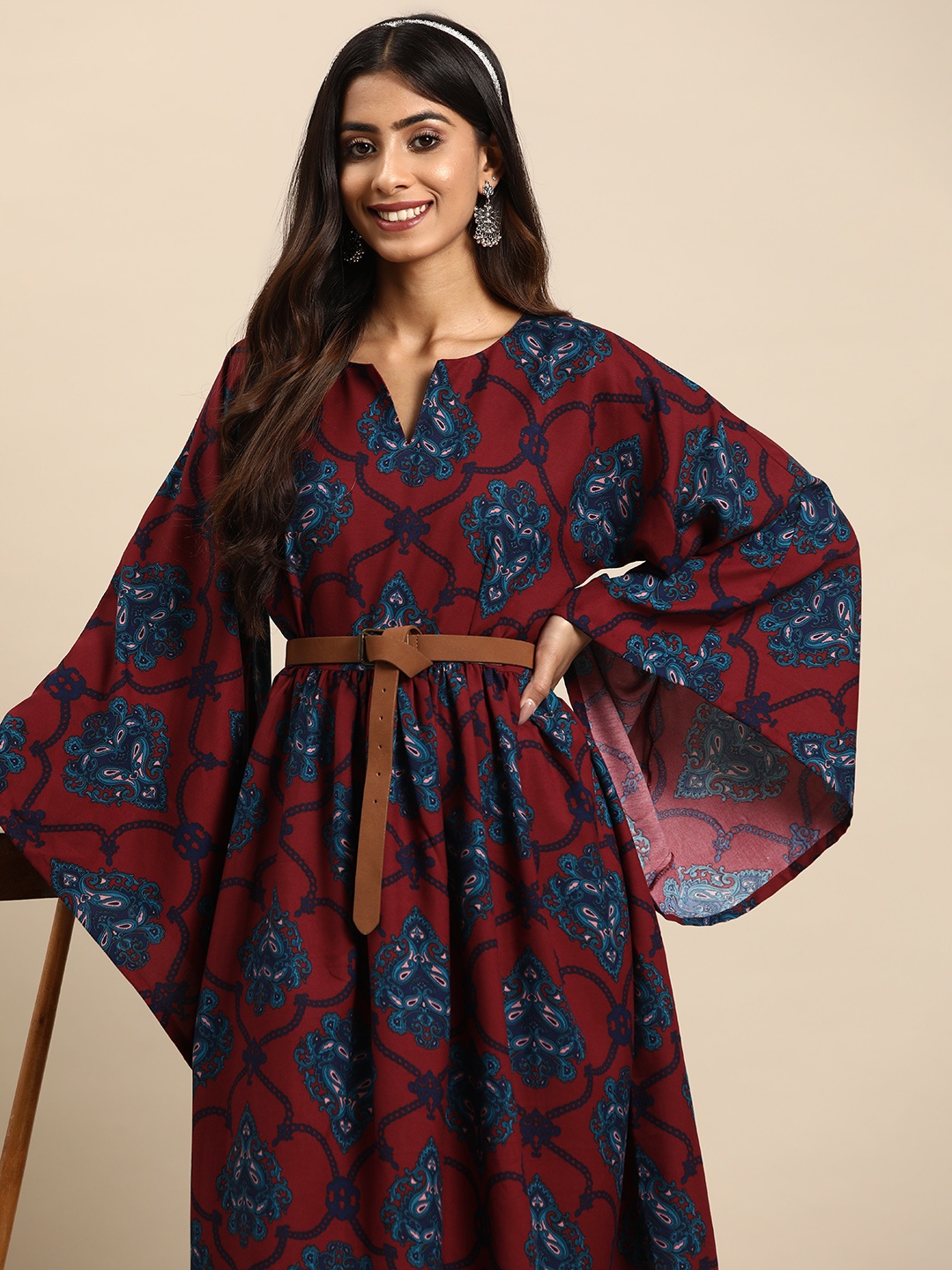 

Sangria Ethnic Motifs Printed Wrap Midi Dress, Maroon