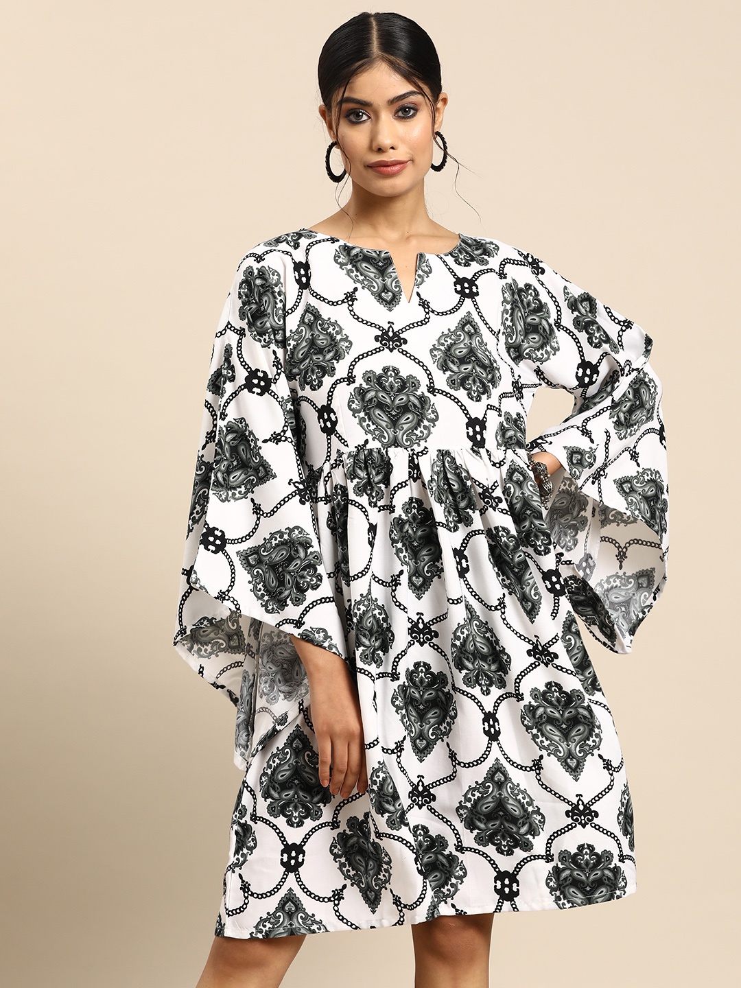

Sangria Printed Flared Sleeves A-Line Pleated Dress, White