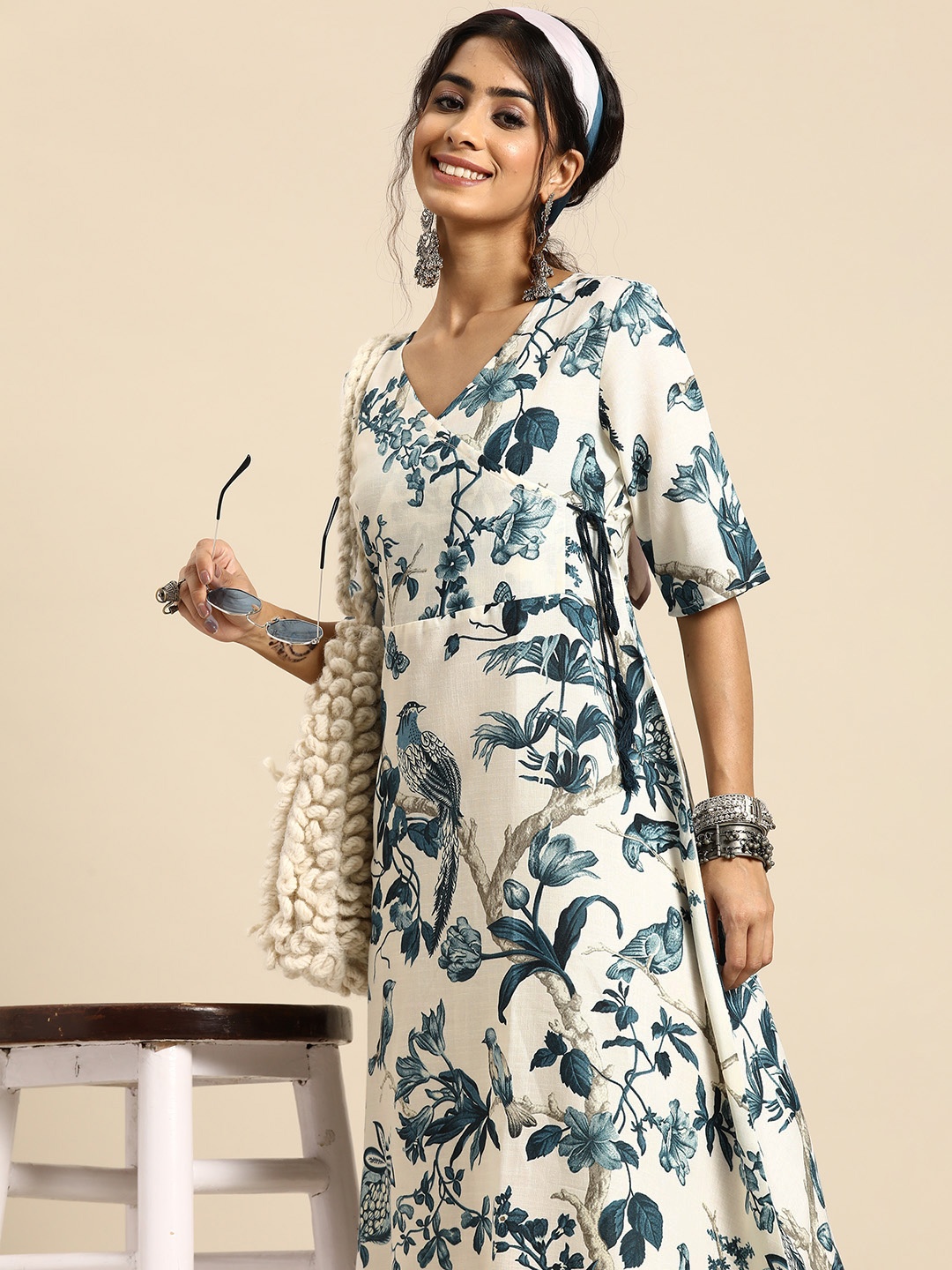 

Sangria Pure Cotton Floral Printed A-Line Midi Dress, White