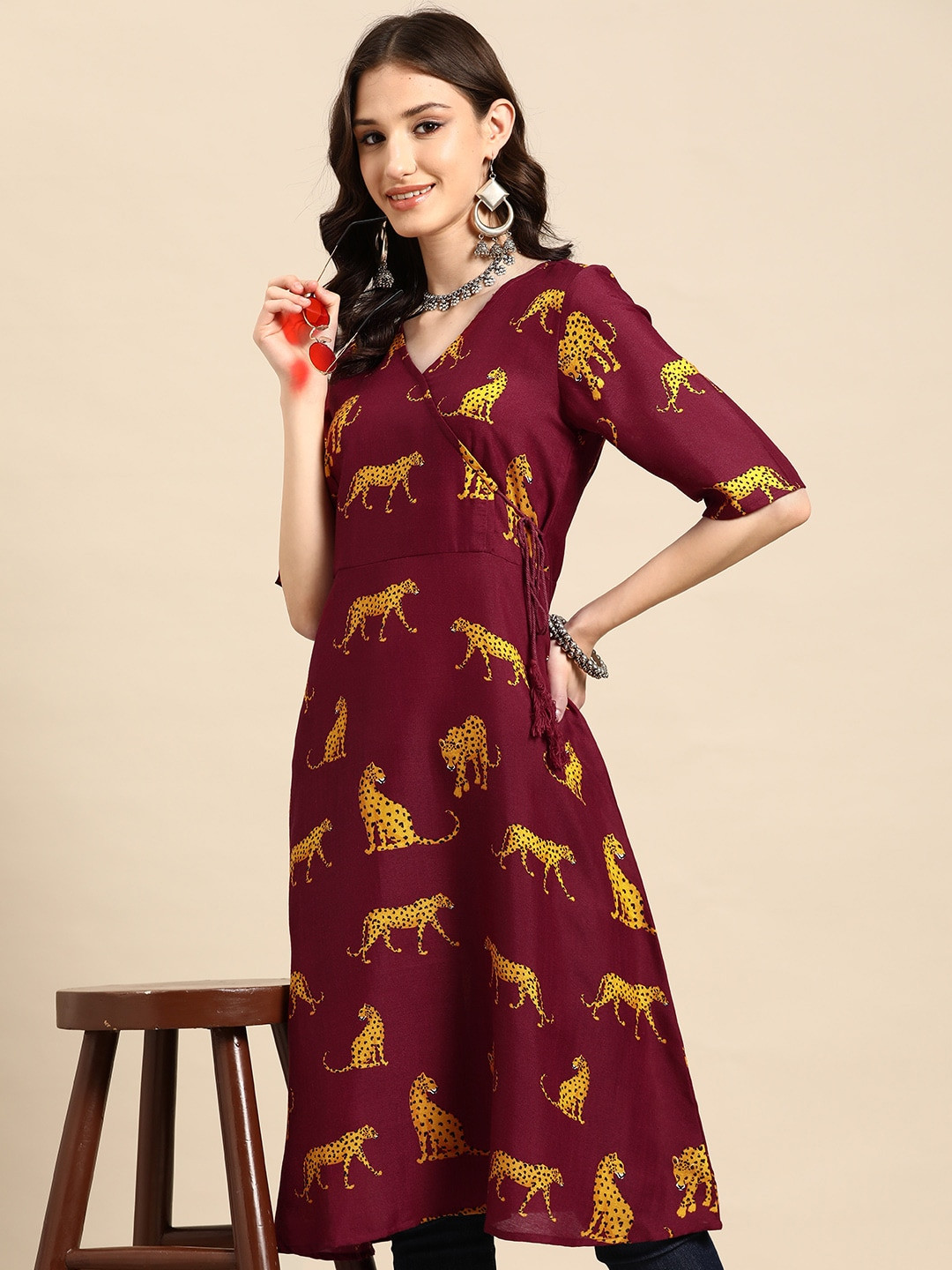 

Sangria Animal Print Angrakha Kurta, Maroon