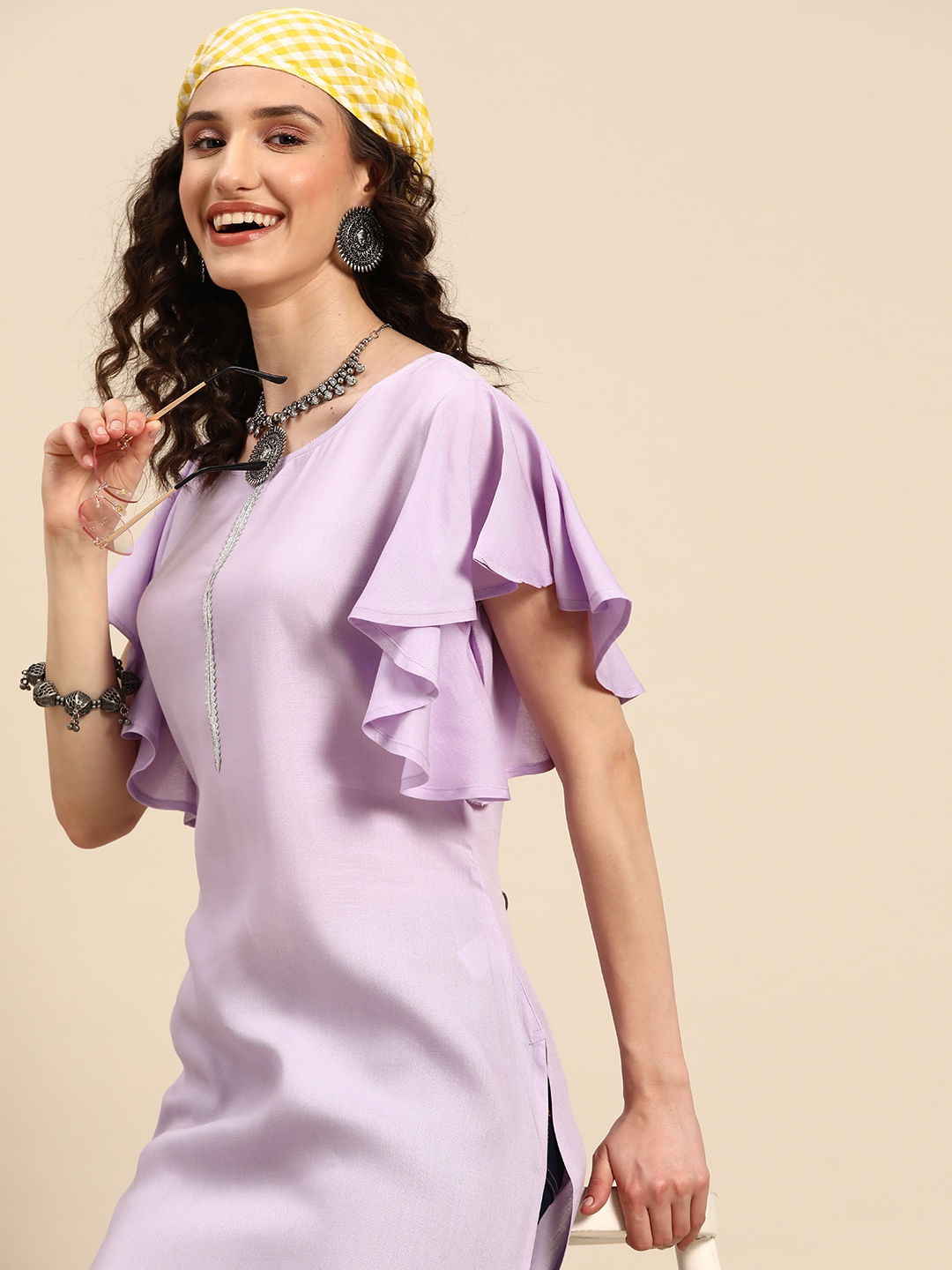 

Sangria Women Flutter Sleeves Gotta Work Straight Kurta, Lavender