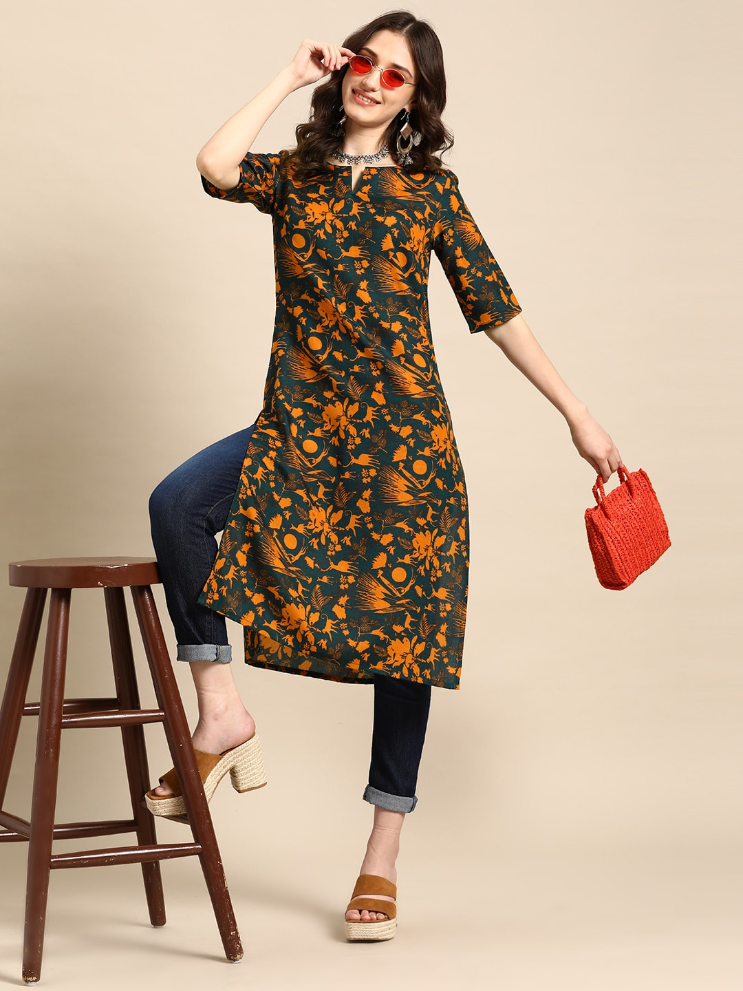

Sangria Printed Straight Kurta, Teal