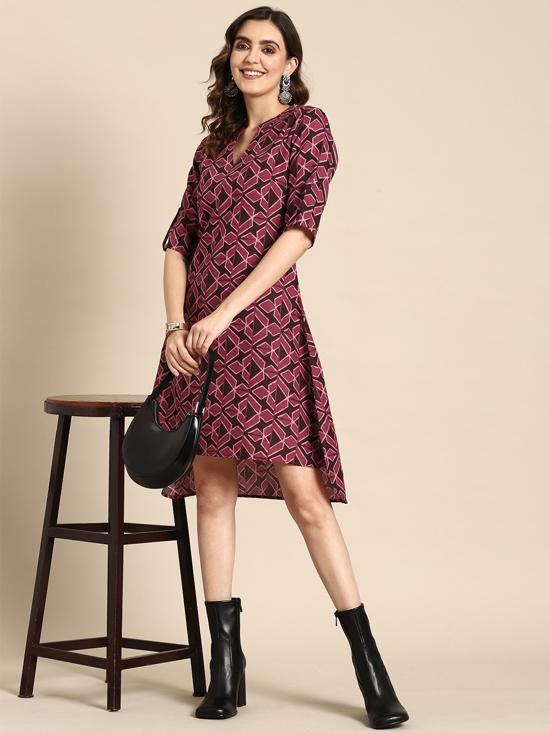 

Sangria Geometric Printed High Low Hem A-Line Ethnic Dress, Maroon