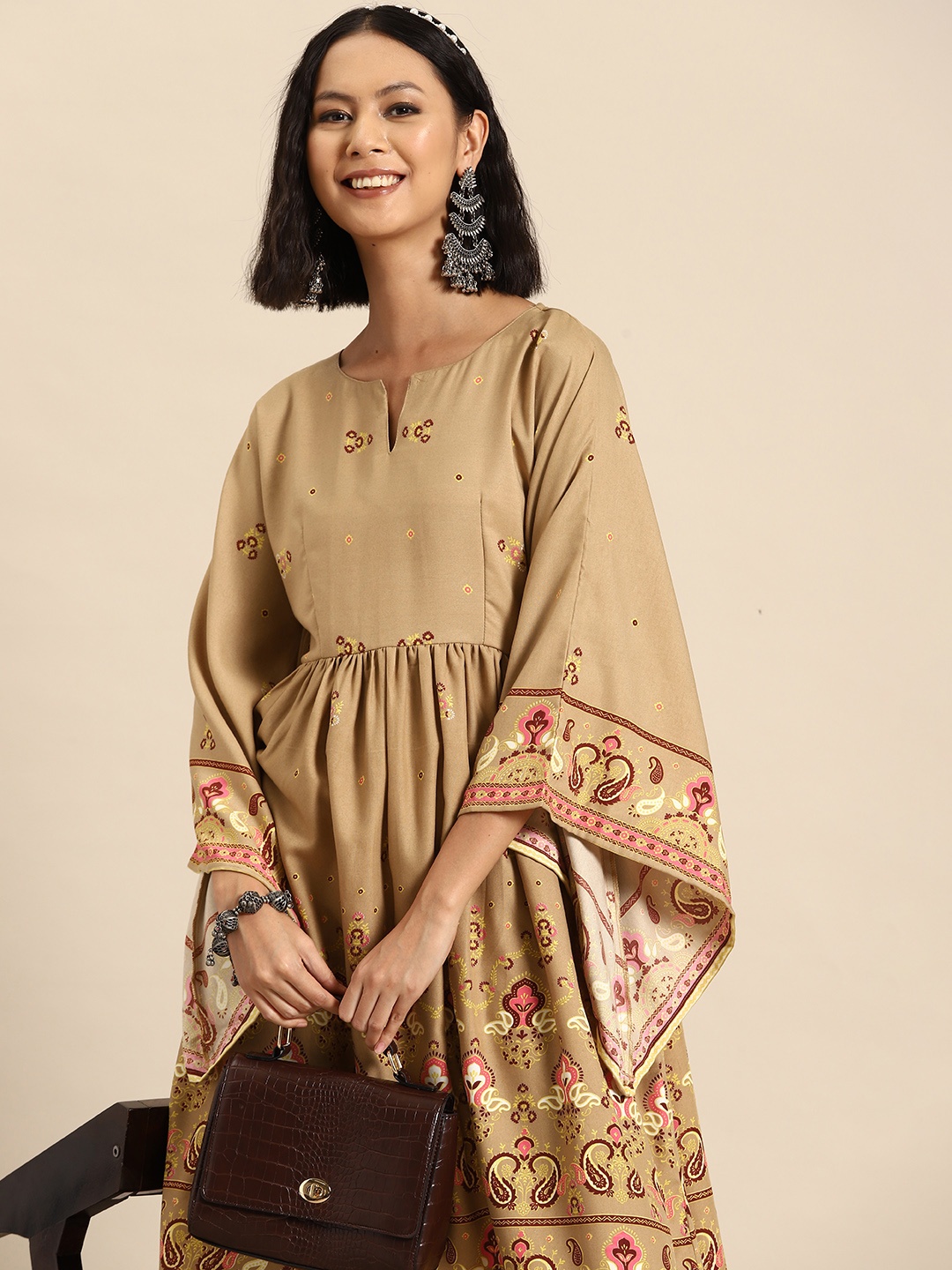 

Sangria Ethnic Motif Print Flared Sleeves Pleated Dress, Beige