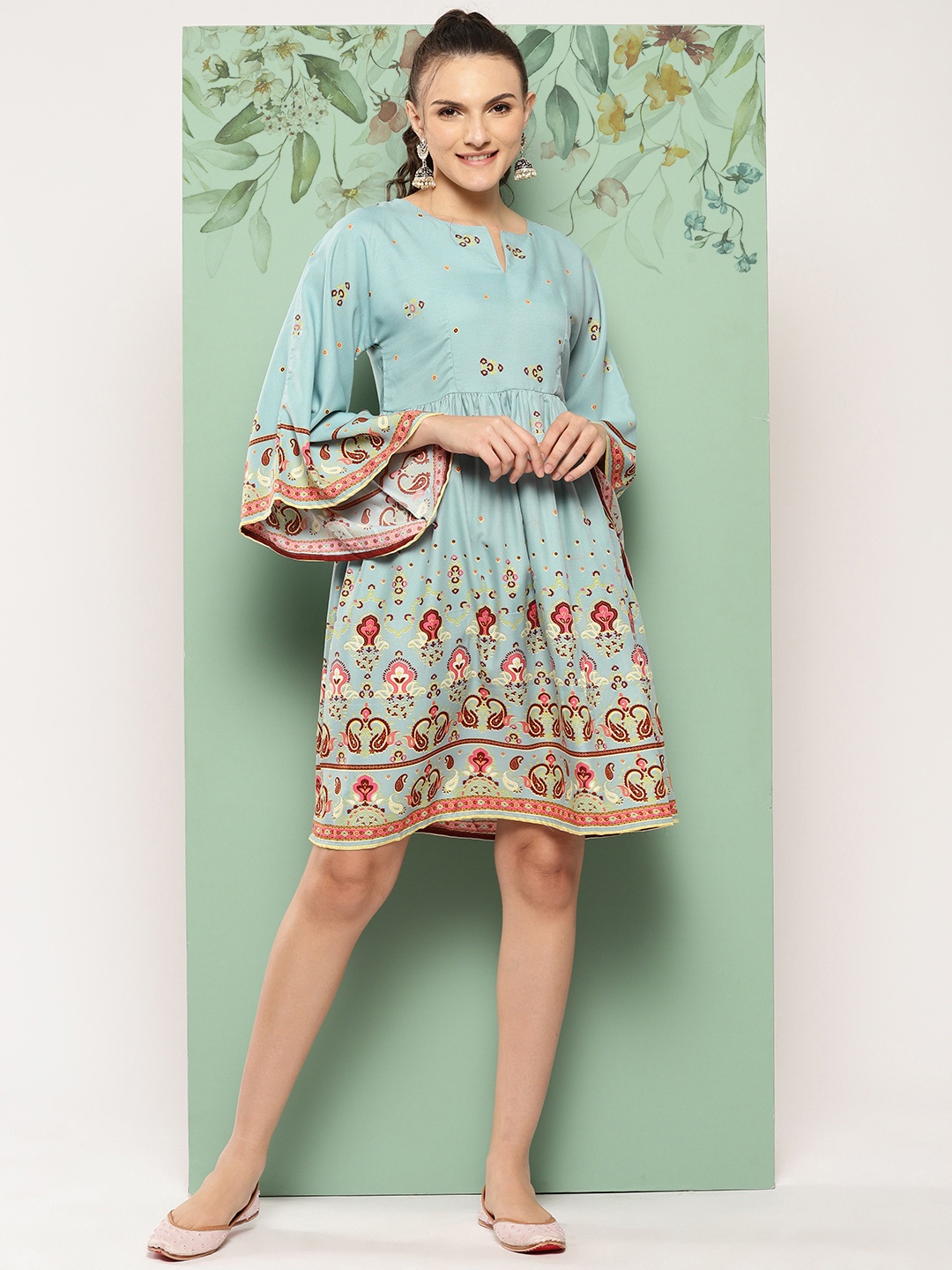 

Sangria Ethnic Motif Print Flared Sleeves Dress, Blue