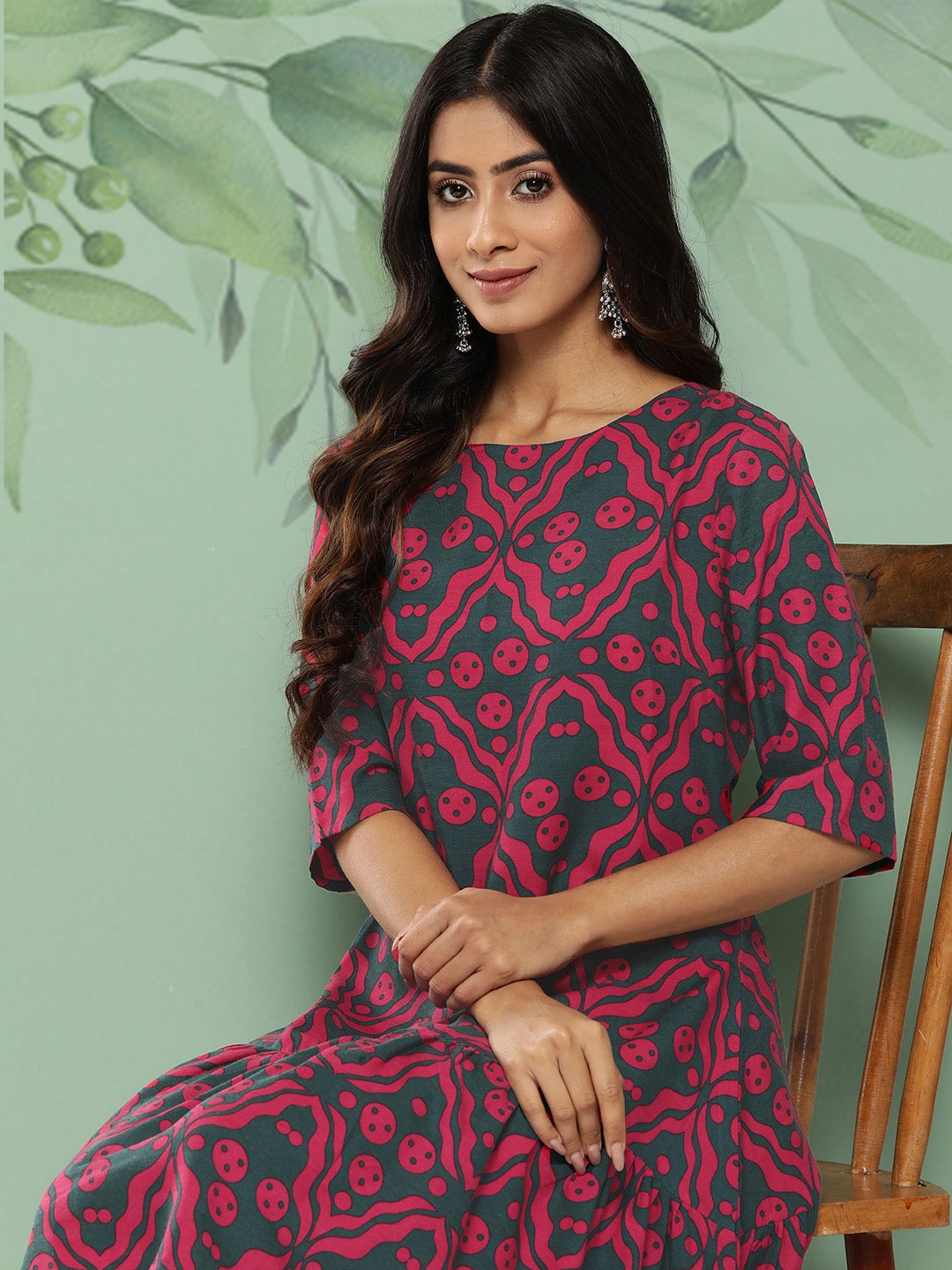 

Sangria Ethnic Motifs Print Drop-Waist Dress, Green