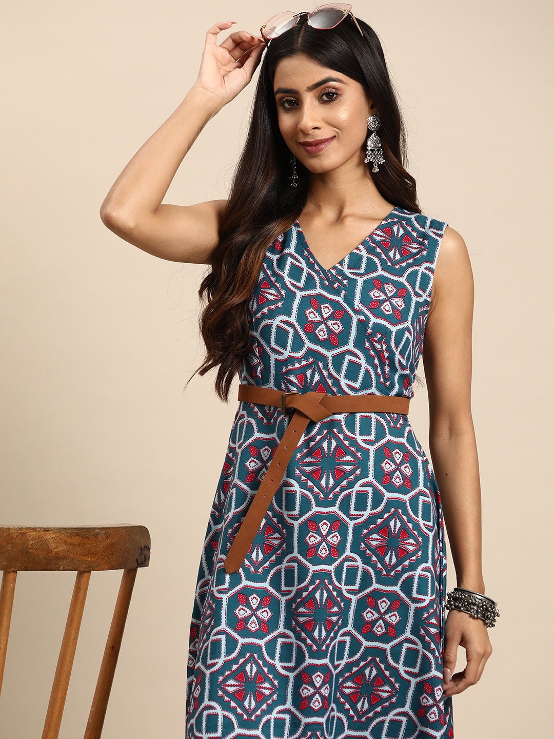 

Sangria Ethnic Motifs Printed A-Line Midi Dress, Teal