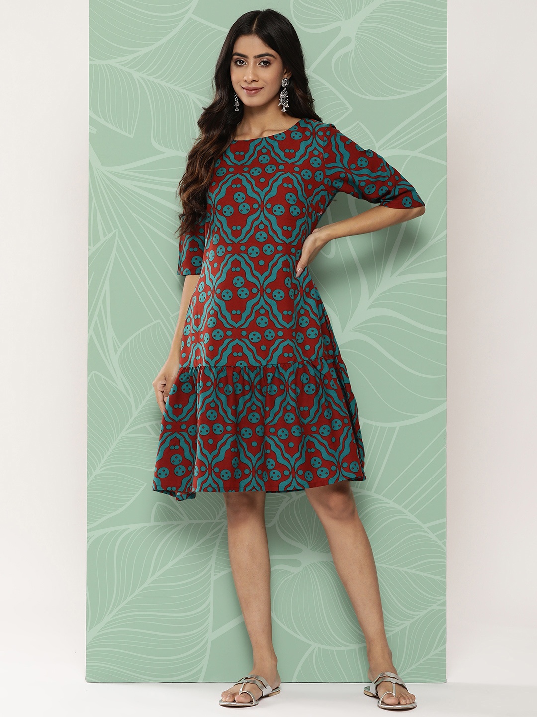 

Sangria Ethnic Motifs Print Drop-Waist Dress, Rust