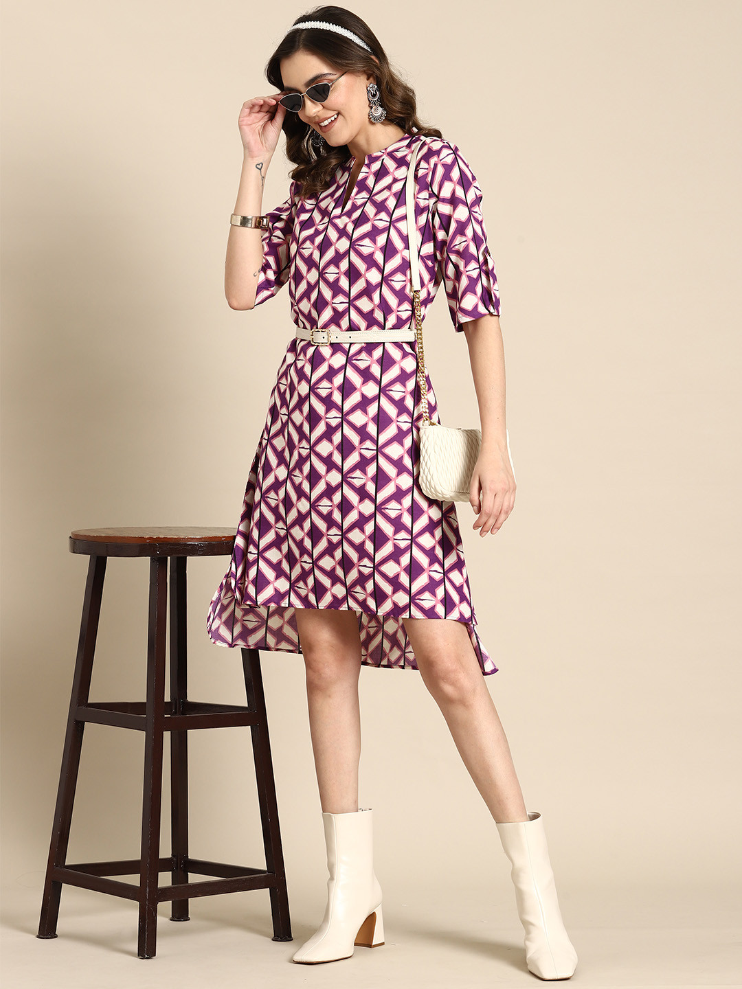 

Sangria Geometric Printed High Low Hem A-Line Ethnic Dress, White