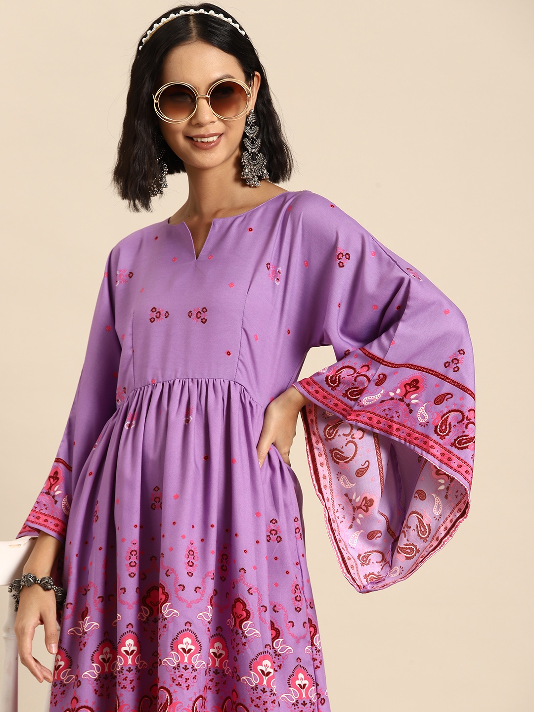 

Sangria Ethnic Motif Print Flared Sleeves Pleated Dress, Lavender