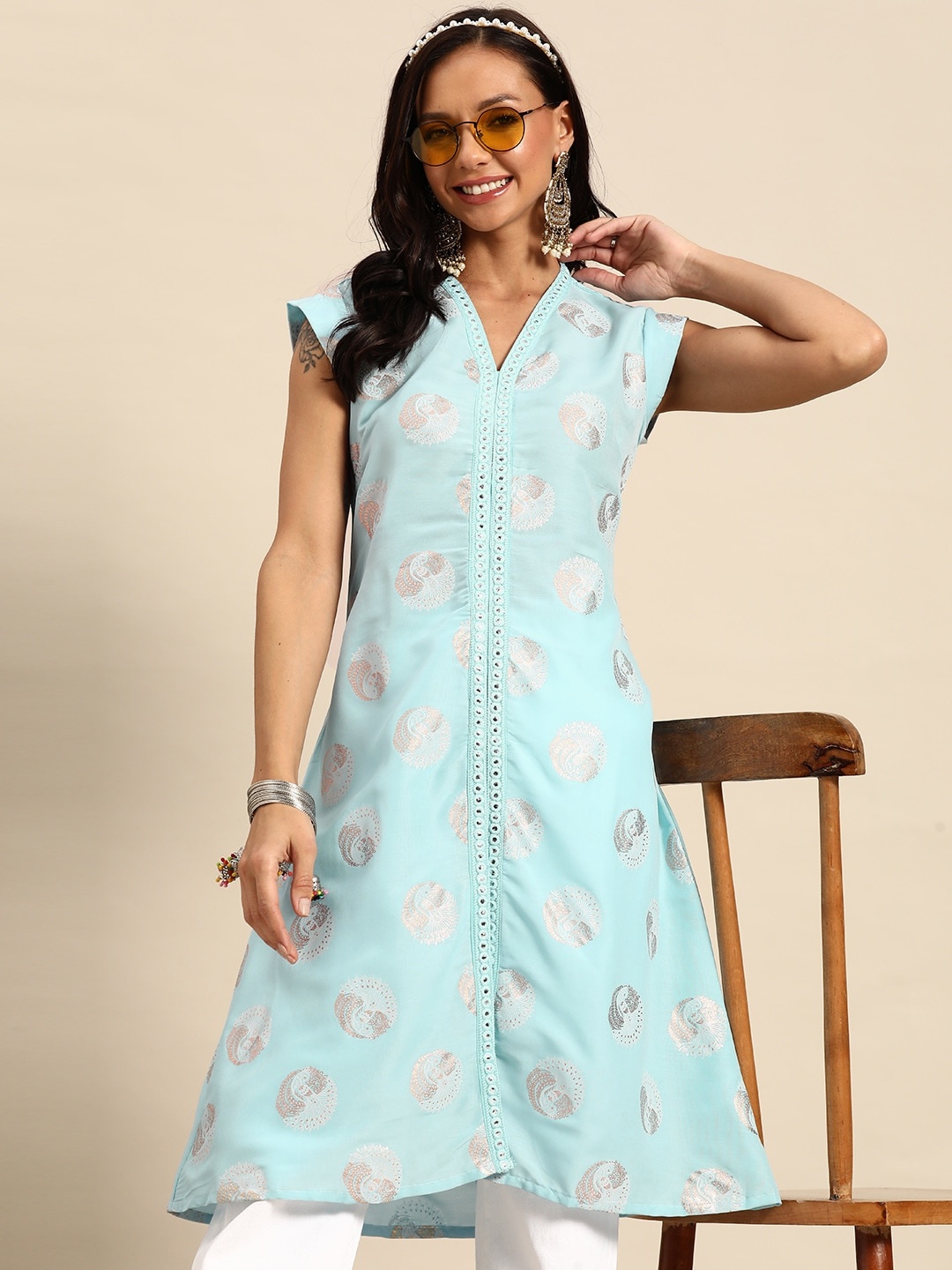 

Sangria Women Ethnic Motifs Printed Mirror Work Kurta, Blue