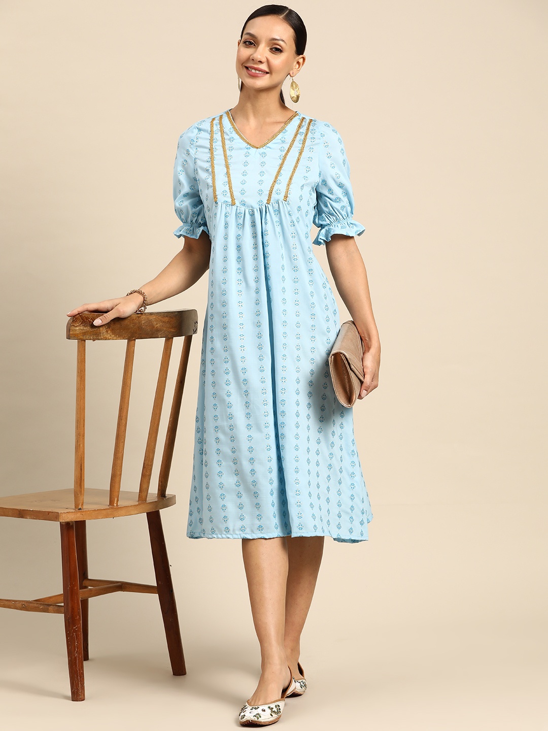 

Sangria Ethnic Motifs Printed A-Line Midi Dress, Blue