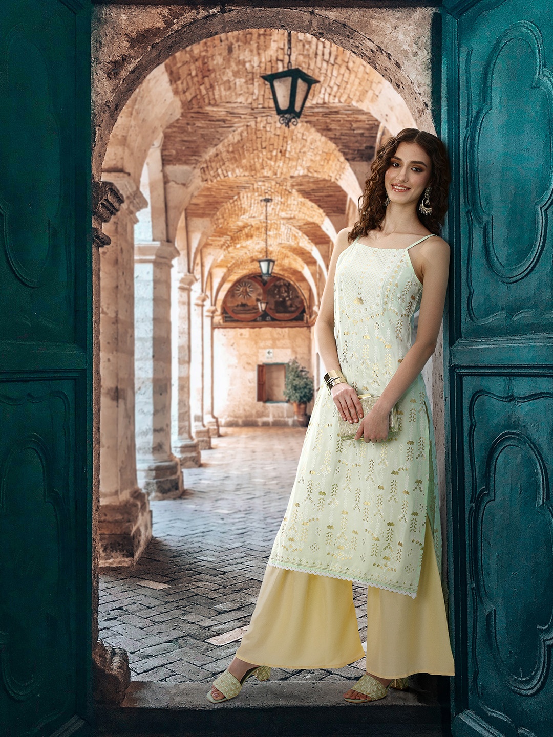 

Sangria Women Ethnic Motifs Printed Regular Kurta with Sharara, Green