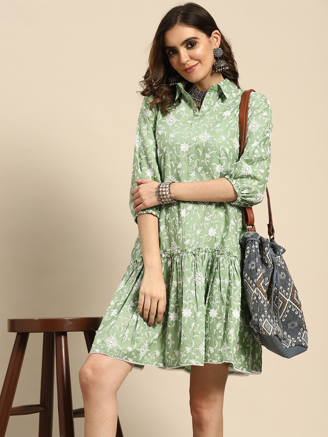 

Sangria Floral Embroidered Puff Sleeves Cotton Drop-Waist Dress, Green
