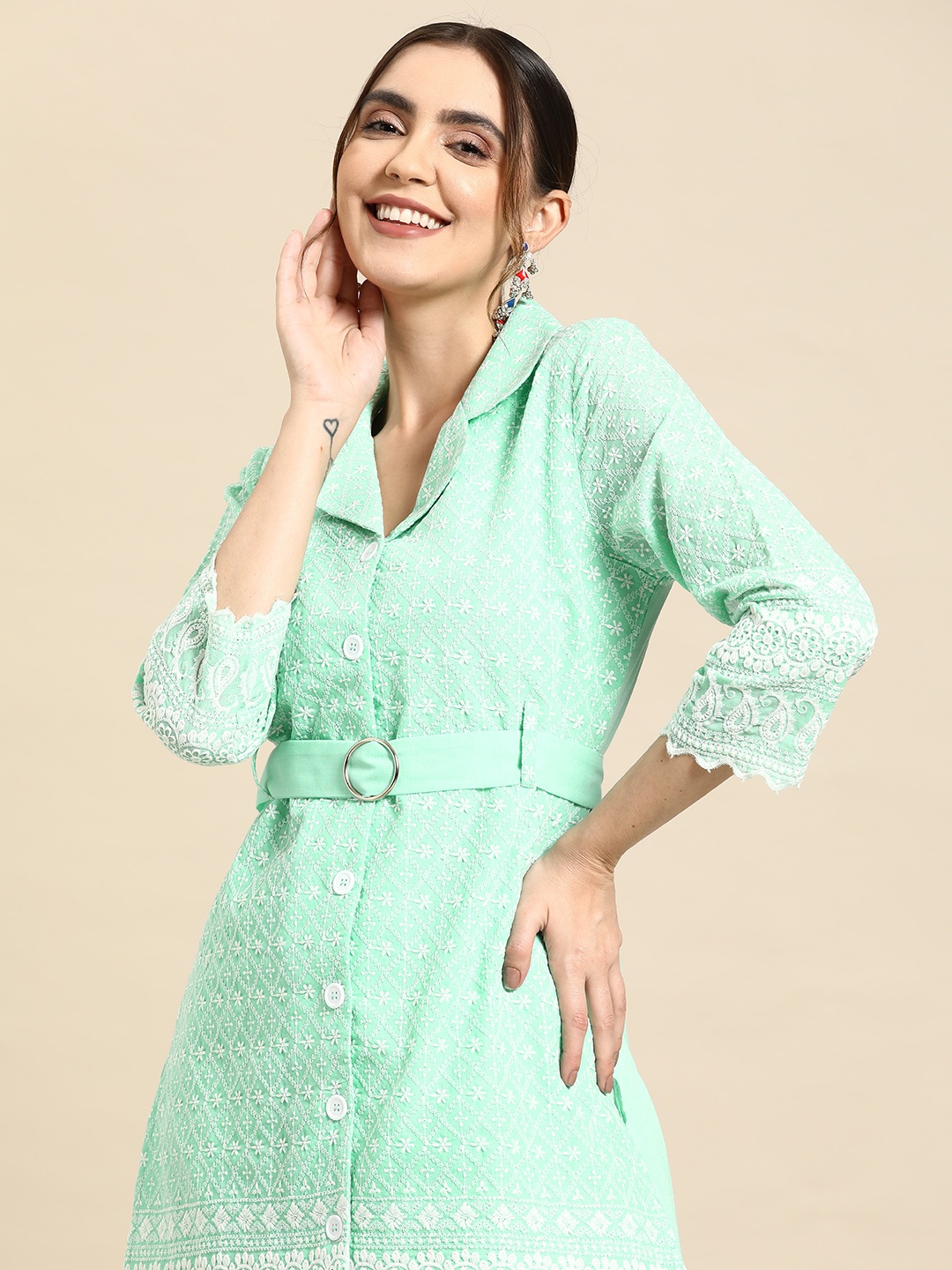 

Sangria Women Ethnic Motifs Embroidered Chikankari Pure Cotton Fusion Kurta Set, Blue