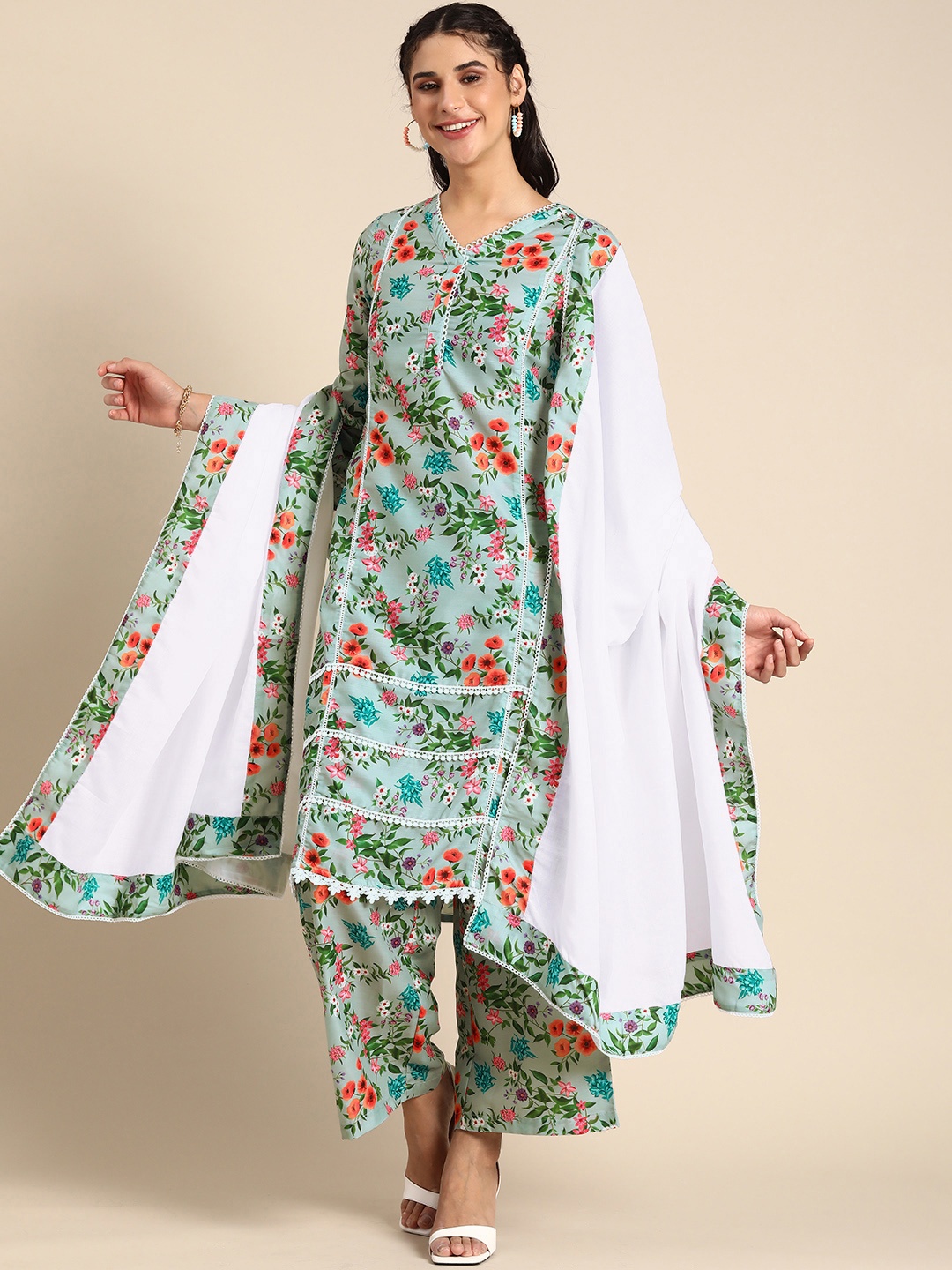 

Sangria Women V-Neck Floral Printed Regular Kurta with Palazzos & With Dupatta, Green