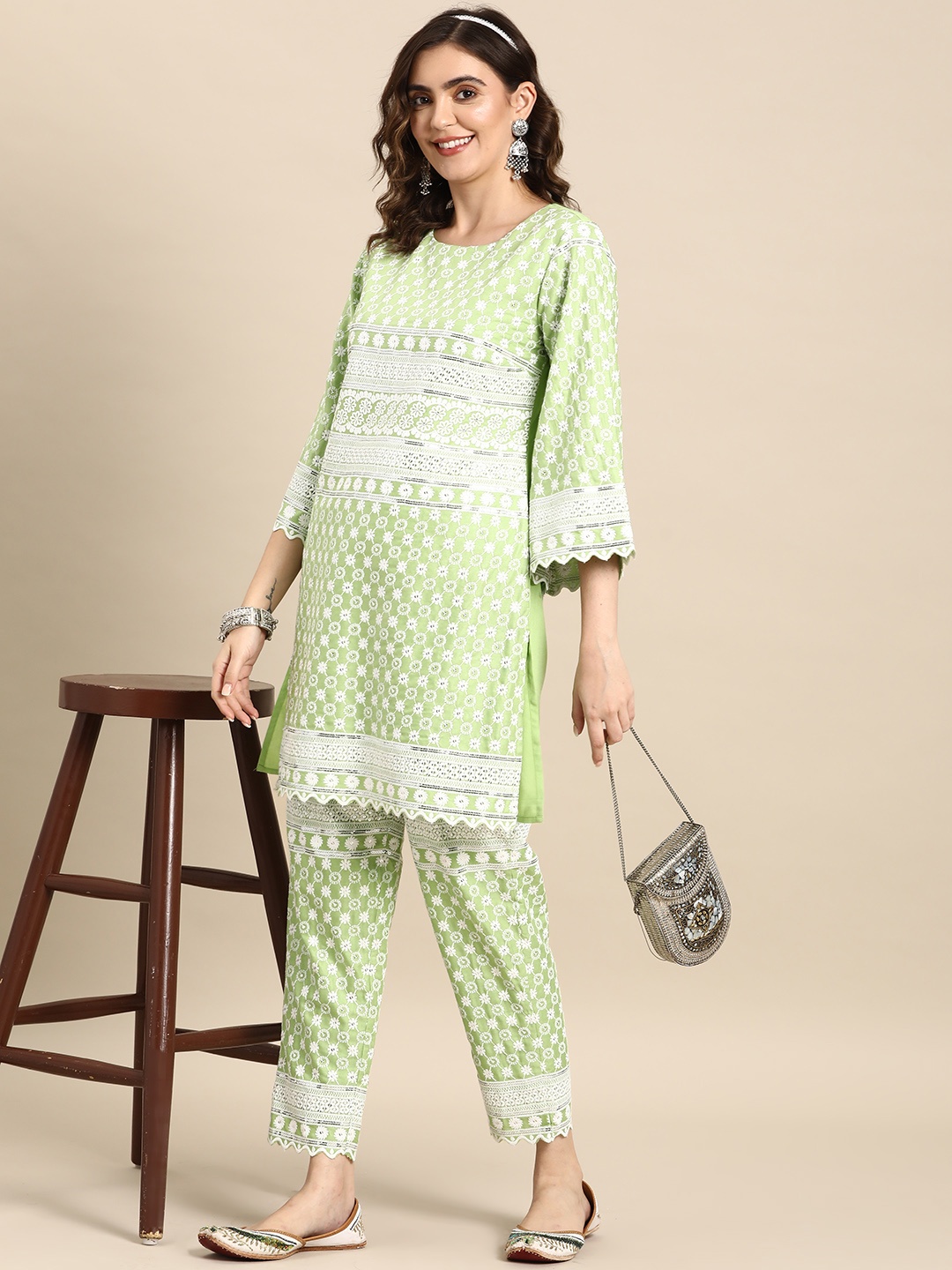 

Sangria Floral Embroidered Mirror Work Kurta with Trousers, Green