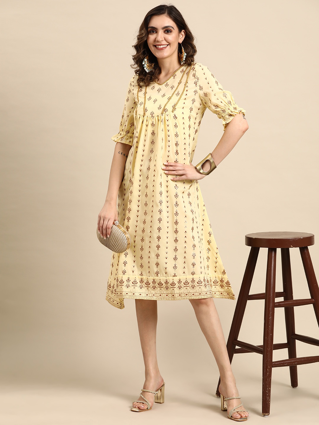 

Sangria Foil Print Ethnic A-Line Dress, Cream