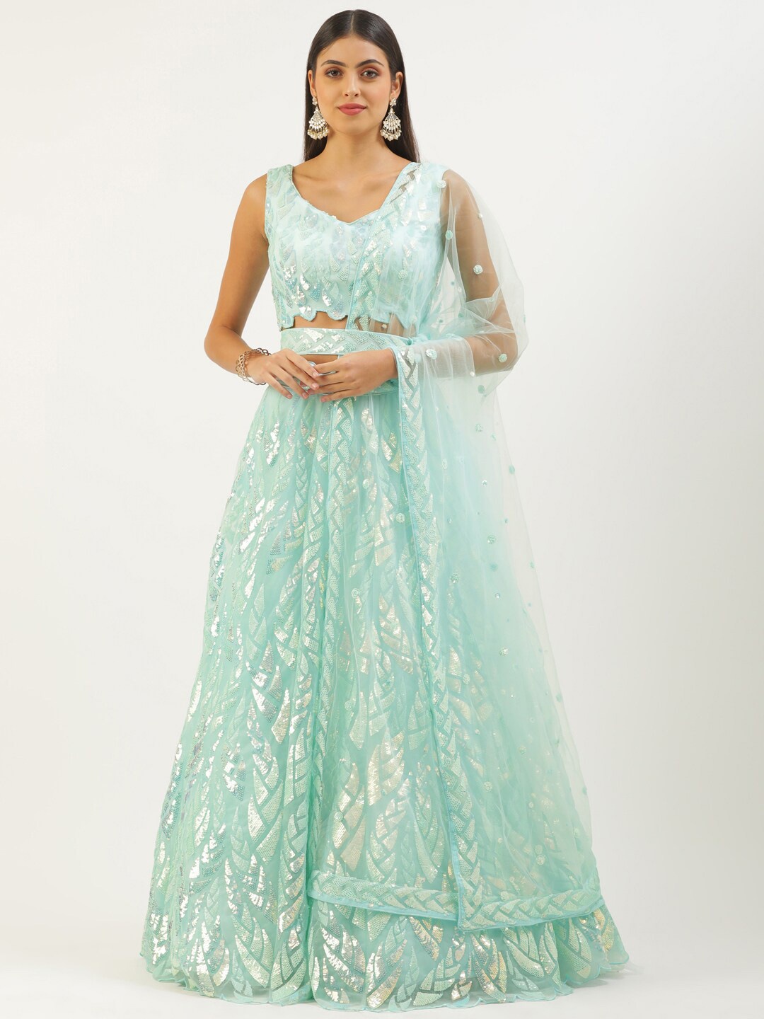 

panchhi Embellished Sequinned Semi-Stitched Lehenga & Unstitched Blouse With Dupatta, Turquoise blue