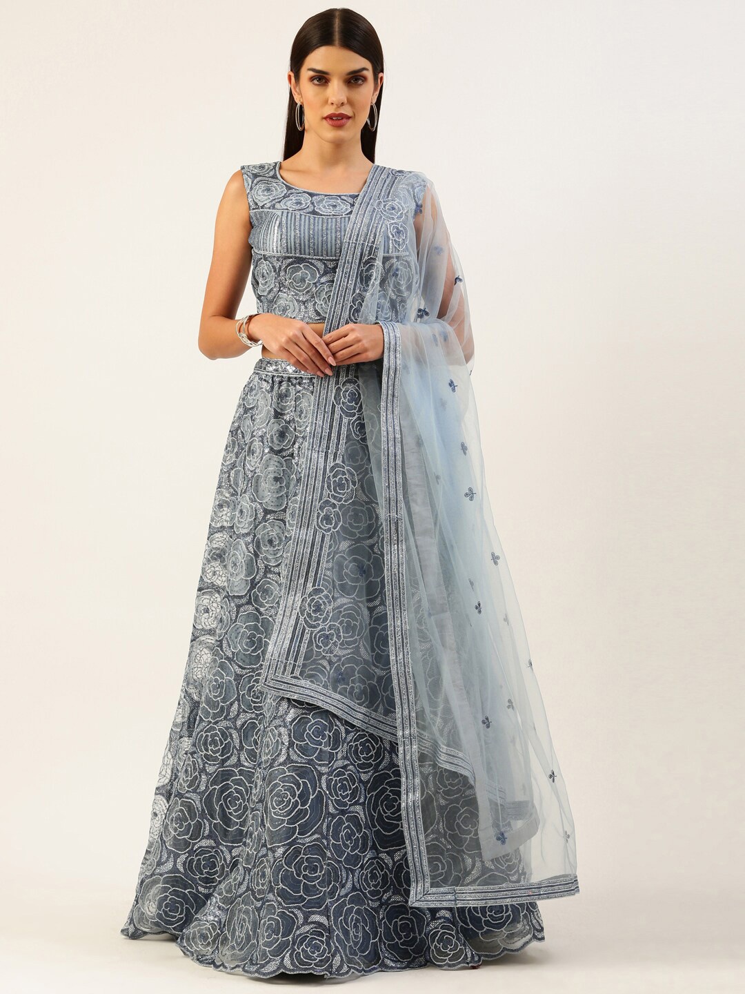 

panchhi Embellished Sequinned Semi-Stitched Lehenga & Unstitched Blouse With Dupatta, Grey