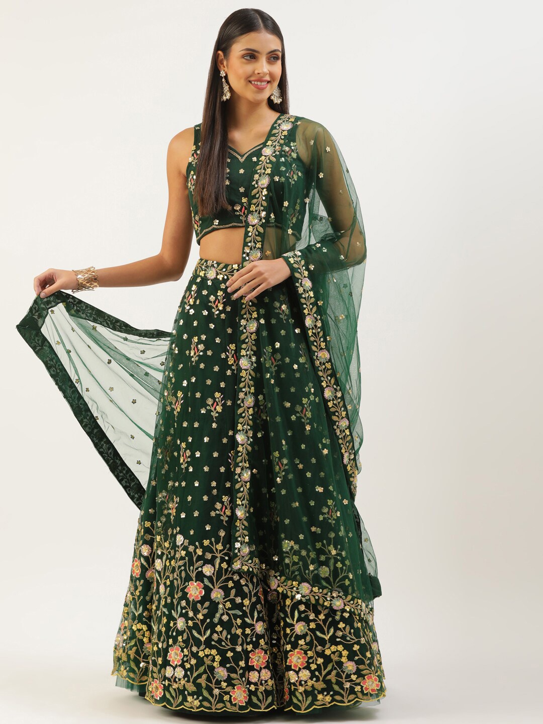 

panchhi Embellished Beads and Stones Semi-Stitched Lehenga & Unstitched Blouse With, Green