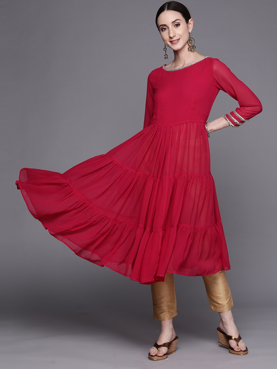 

MASSTANI BY INDDUS Women Mirror Work Georgette Anarkali Kurta, Red