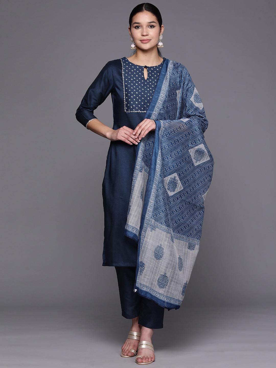 

MASSTANI BY INDDUS Women Yoke Design Gotta Patti Kurta With Trousers & With Dupatta, Navy blue