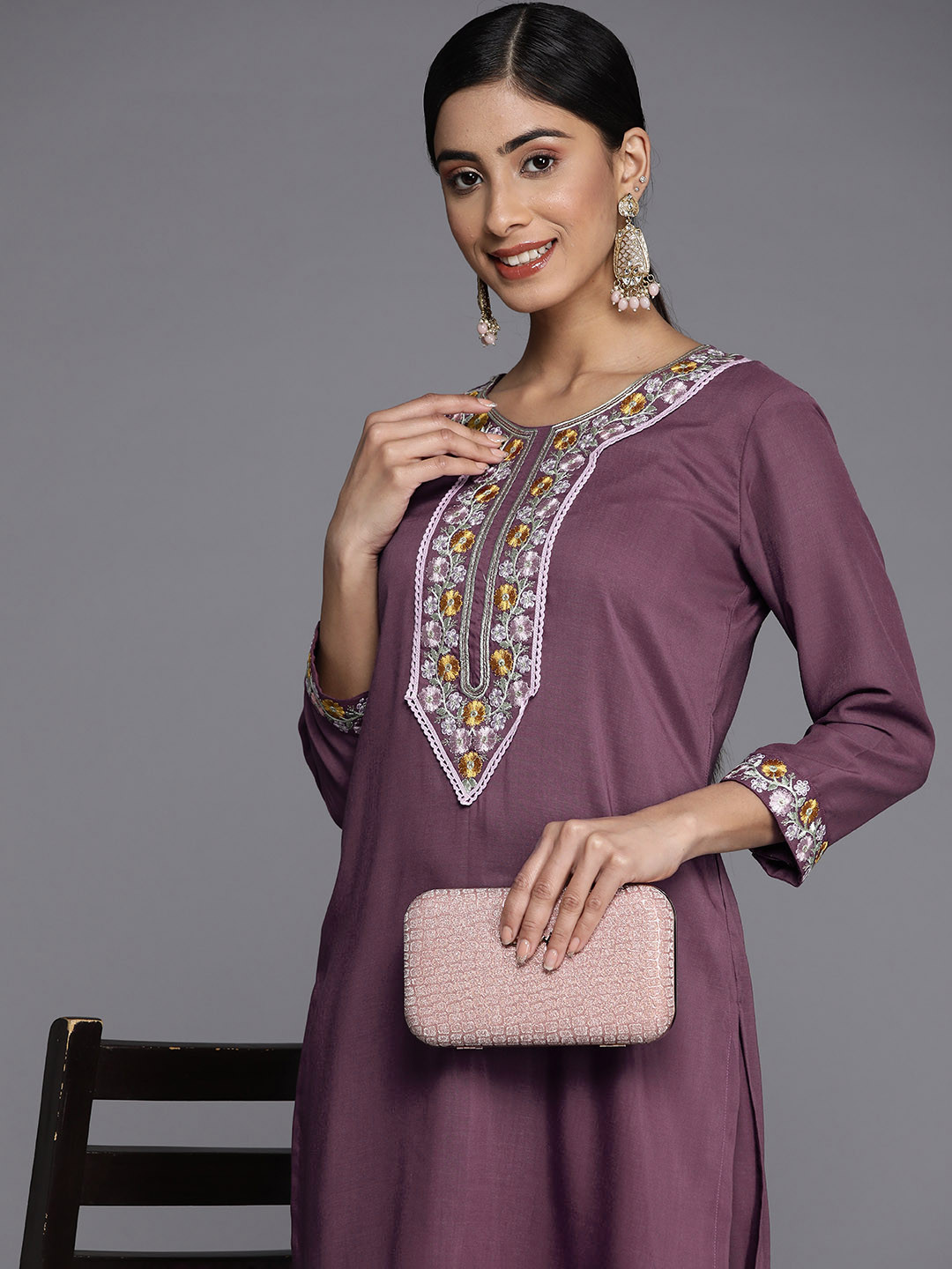 

MASSTANI BY INDDUS Women Floral Yoke Design Thread Work Kurta With Trousers, Purple