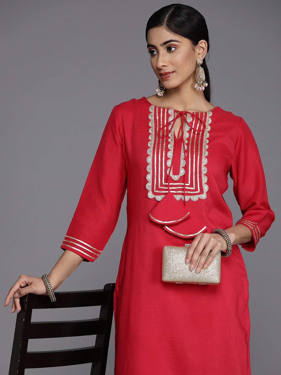 

MASSTANI BY INDDUS Women Yoke Design Gotta Patti Kurta With Trousers, Red
